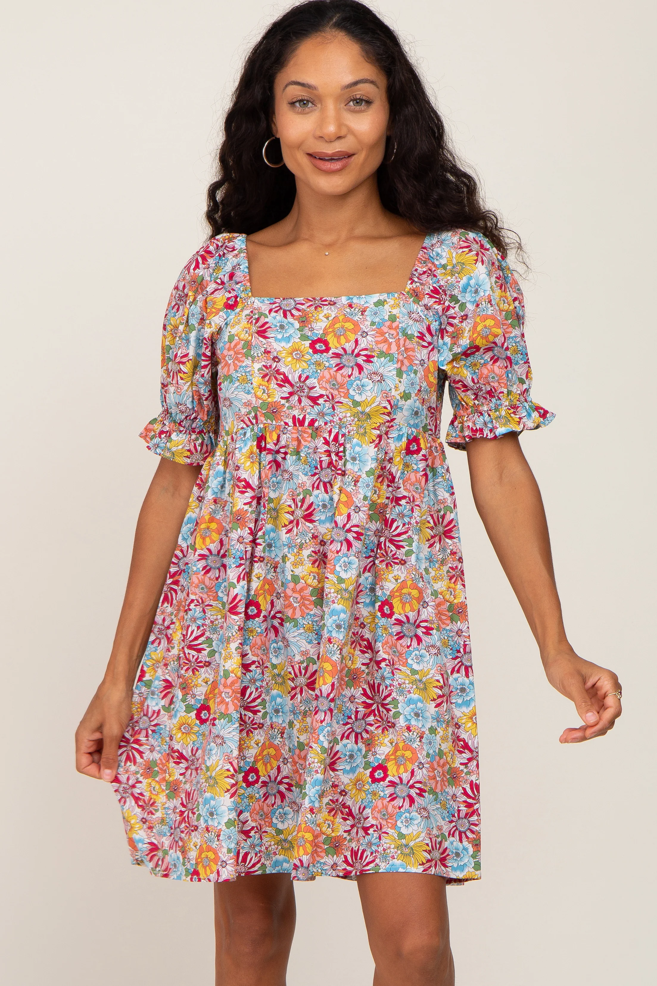 Mauve Floral Square Neck Short Puff Sleeve Maternity Dress - Image 5