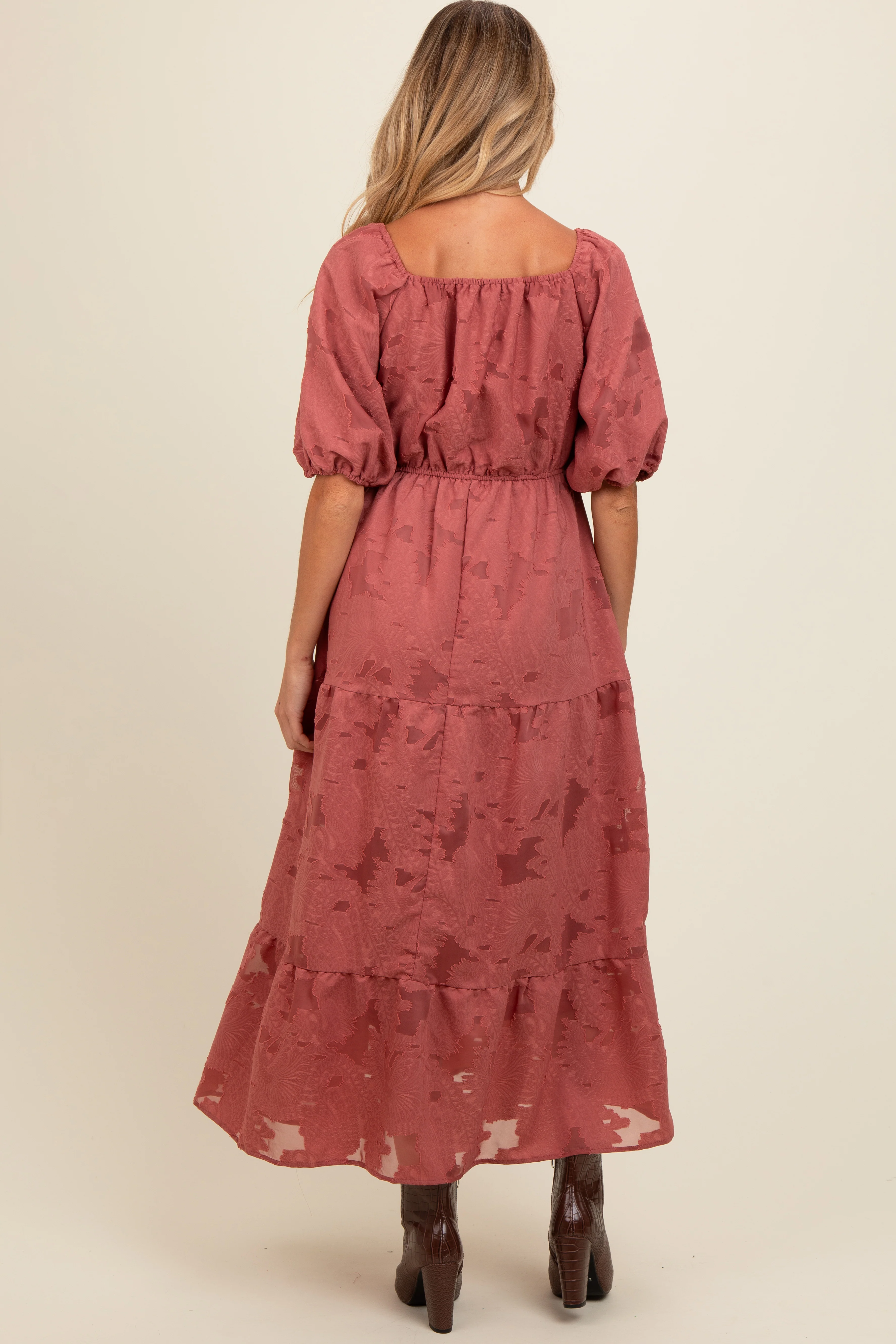 Mauve Floral Textured Tiered Midi Maternity Dress - Image 3