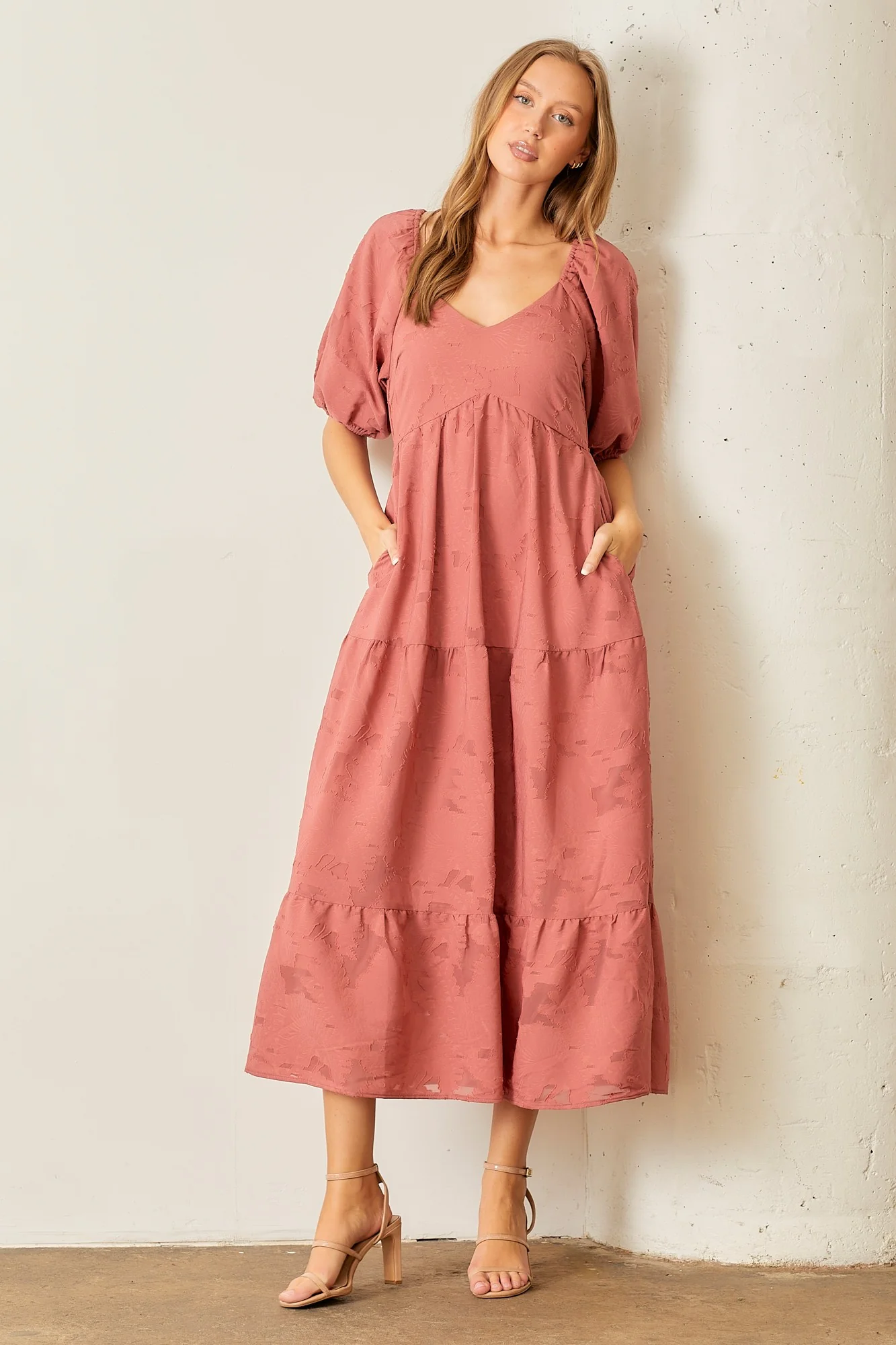 Mauve Floral Textured Tiered Midi Maternity Dress - Image 4