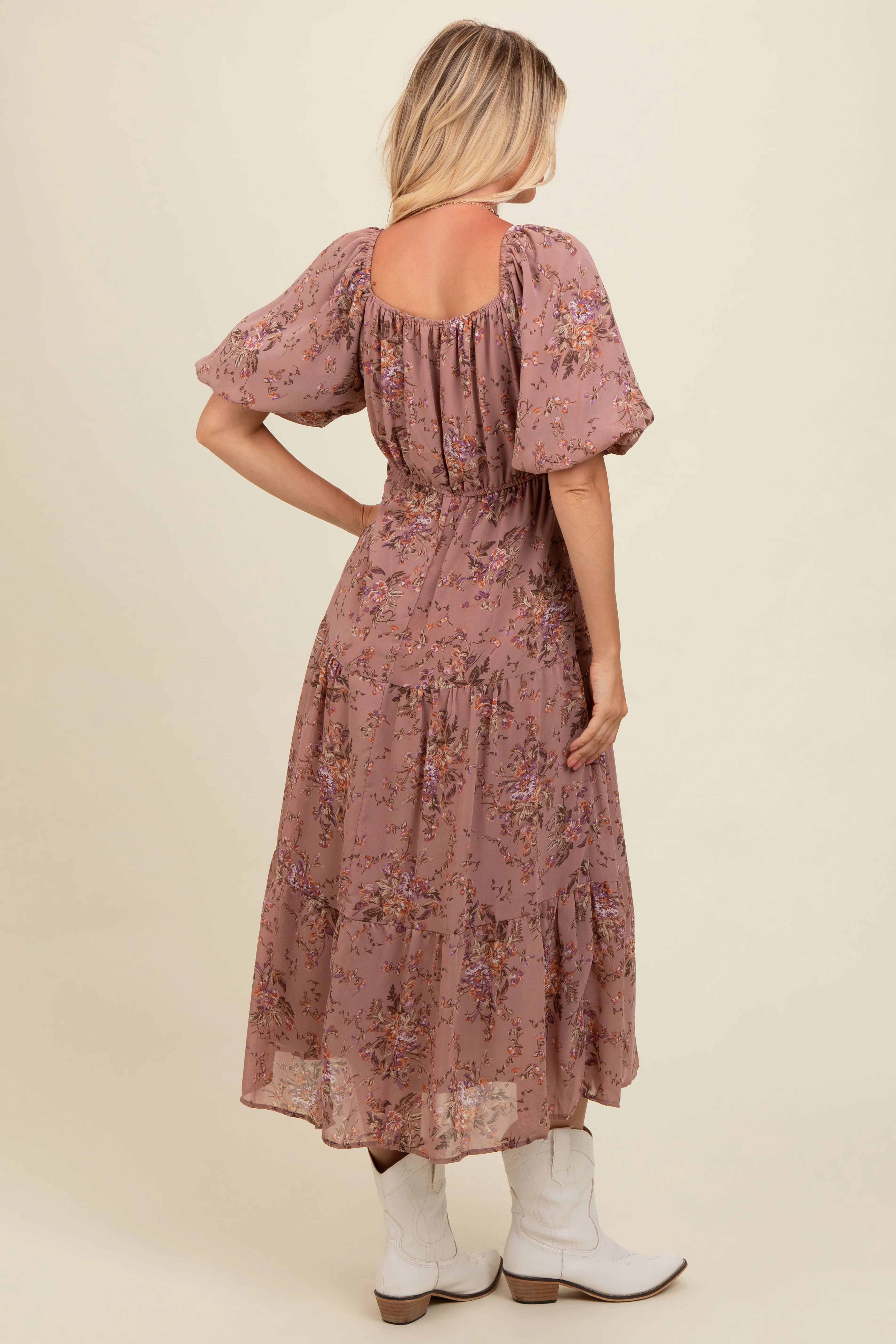 Mauve Floral Tiered Puff Sleeve Maxi Dress - Image 4
