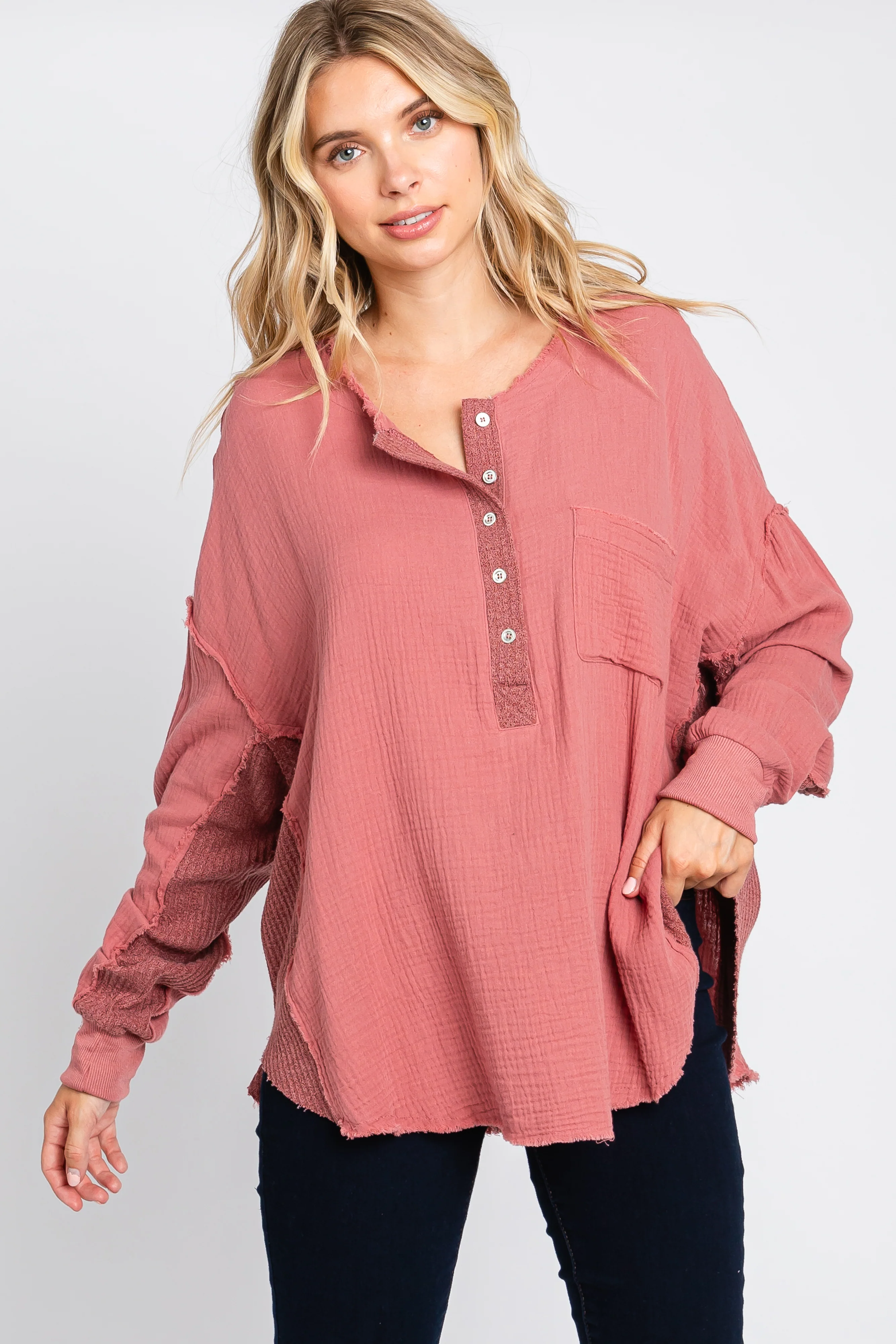 Mauve Front Button Drop Shoulder Long Sleeve Maternity Top - Image 5