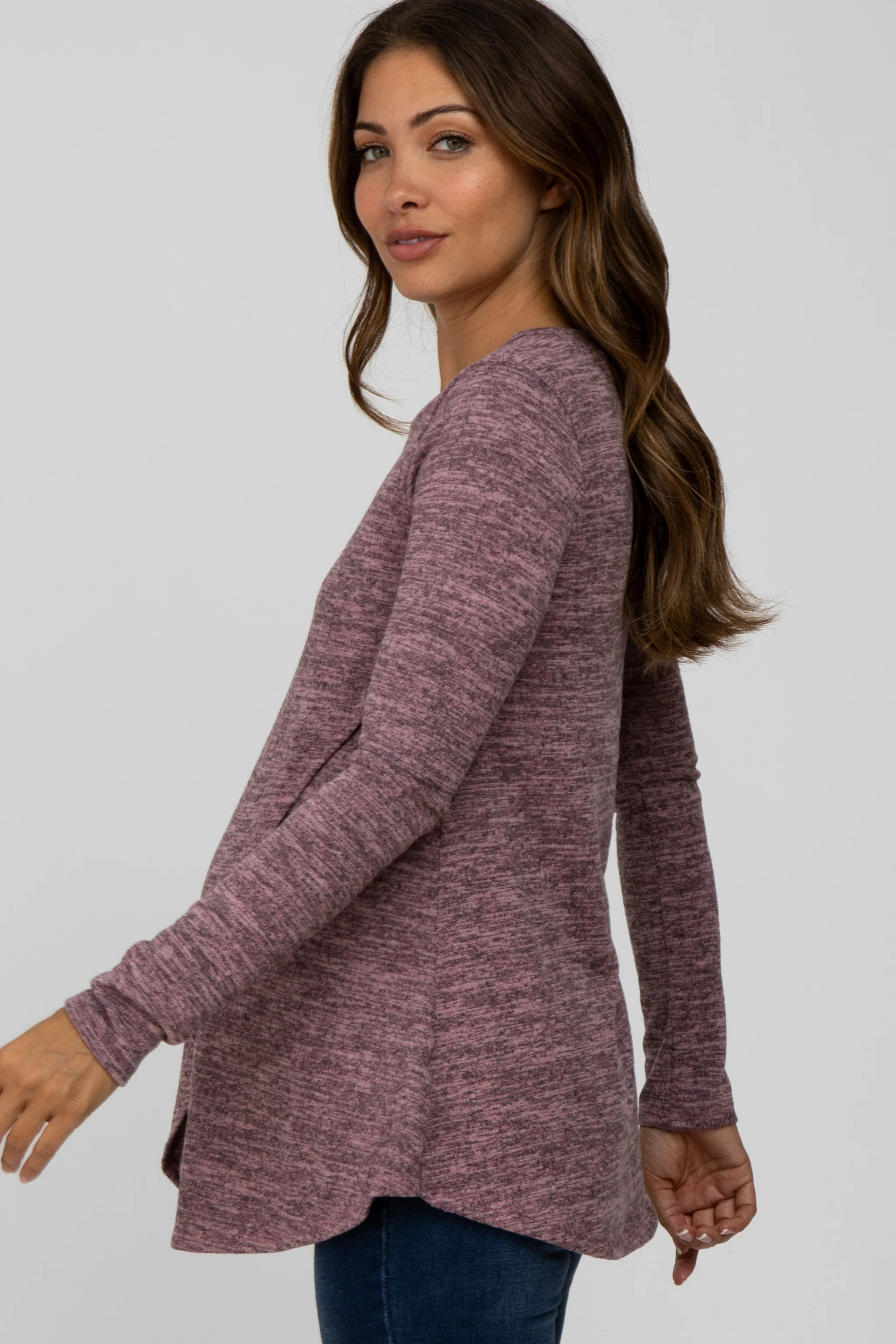Mauve Heather Knit Layered Front Maternity/Nursing Top - Image 3