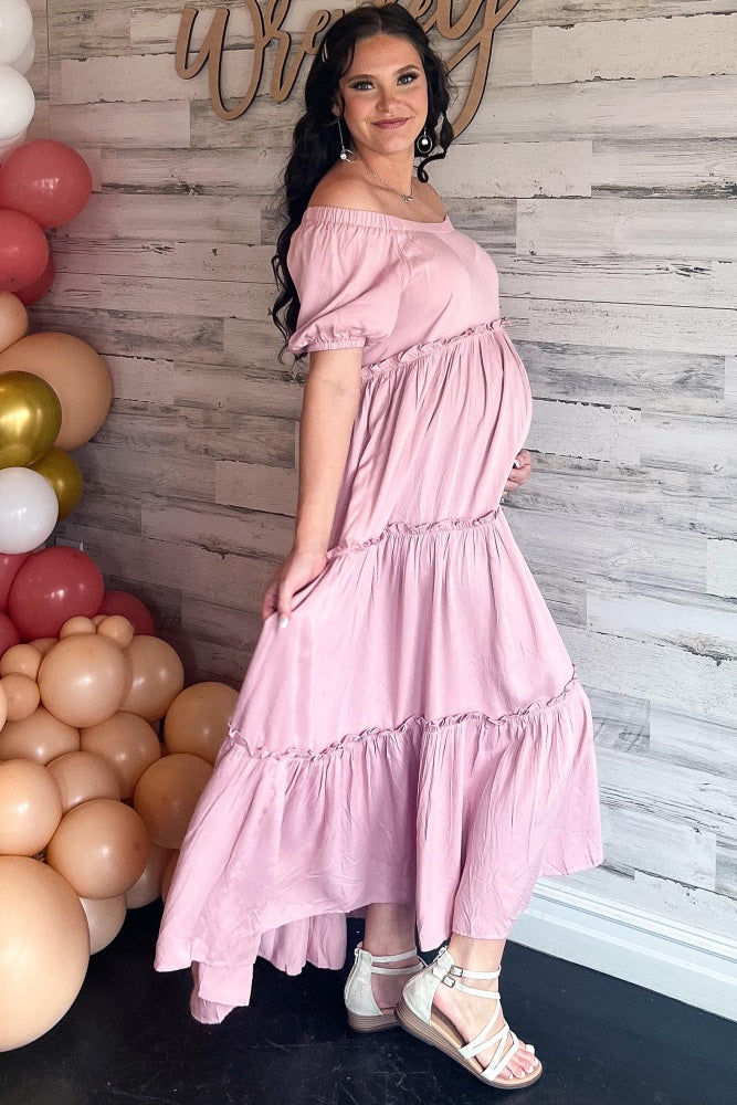 Mauve Off Shoulder Ruffle Tiered Maternity Maxi Dress - Image 4