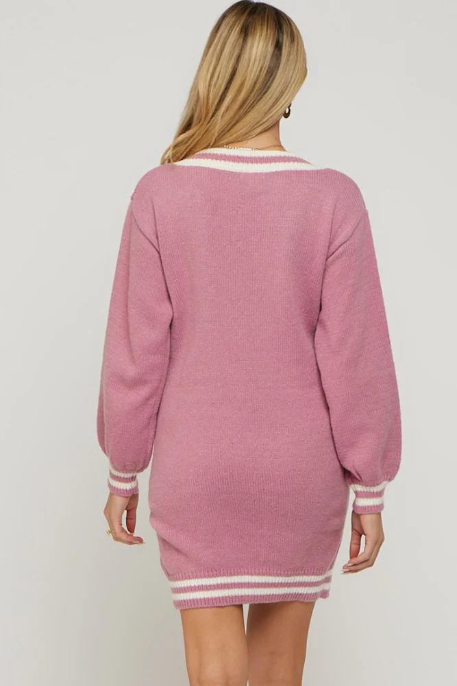 Mauve Oversized Varsity Striped V-Neck Maternity Sweater Dress - Image 3