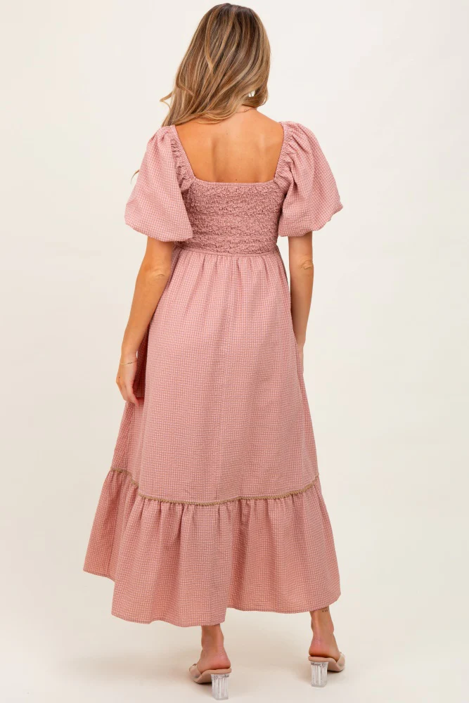 Mauve Plaid Smocked Puff Sleeve Maternity Maxi Dress - Image 4