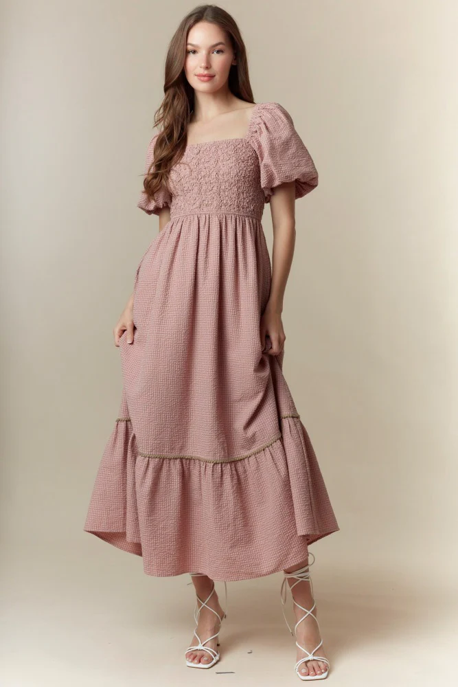 Mauve Plaid Smocked Puff Sleeve Maxi Dress - Image 2