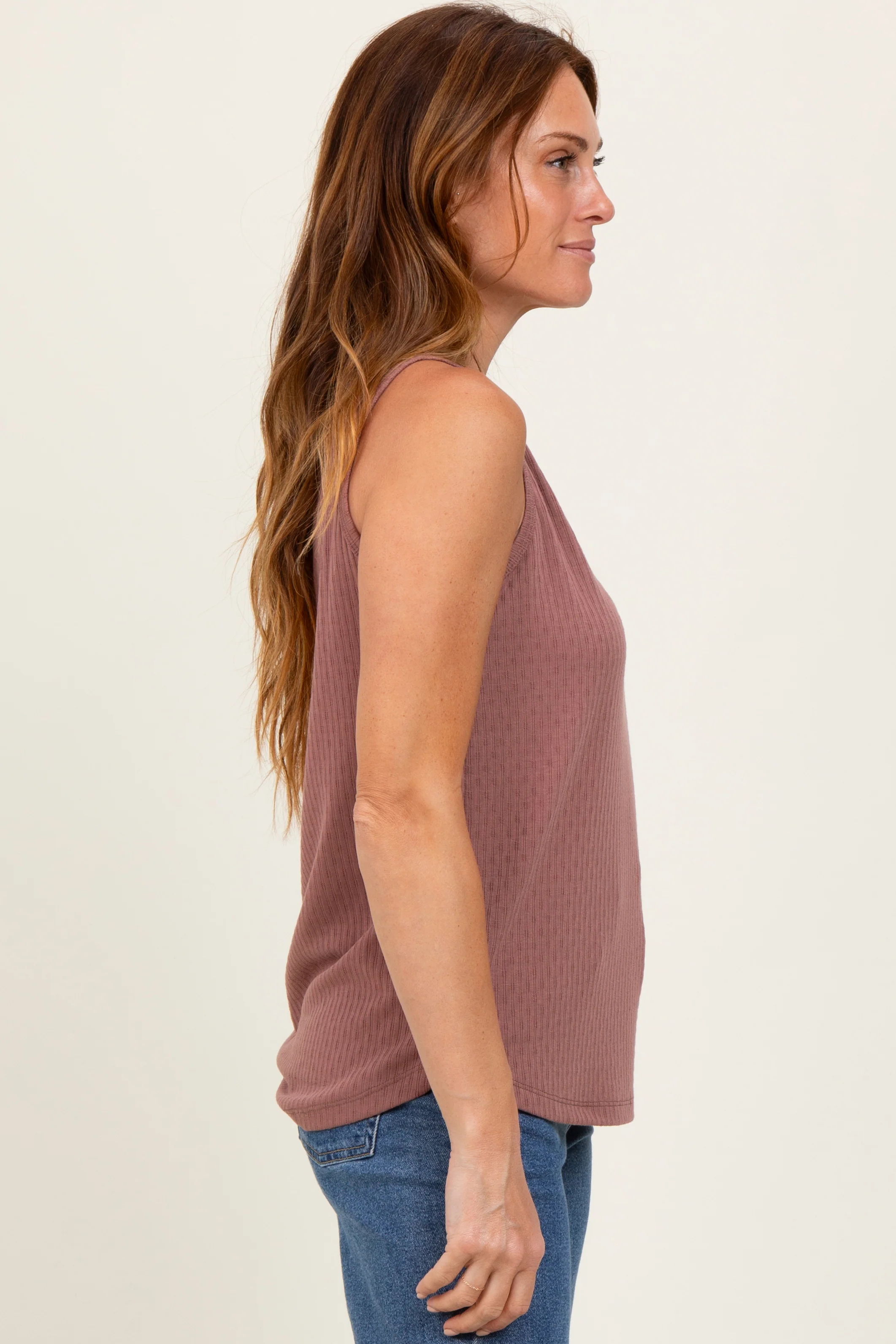 Mauve Pointelle Knit V-Neck Sleeveless Top - Image 2
