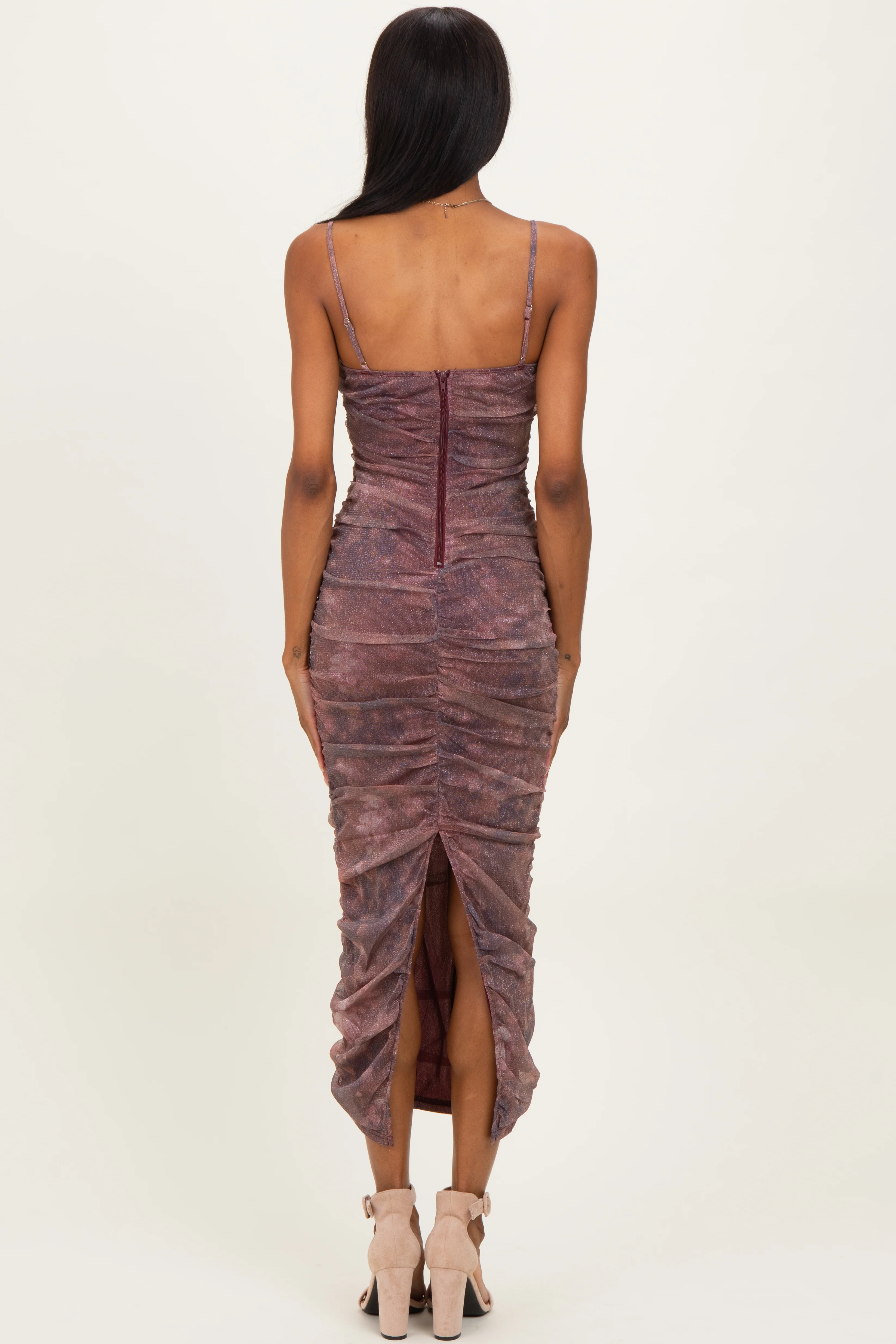 Mauve Printed Metallic Ruched Midi Dress - Image 2