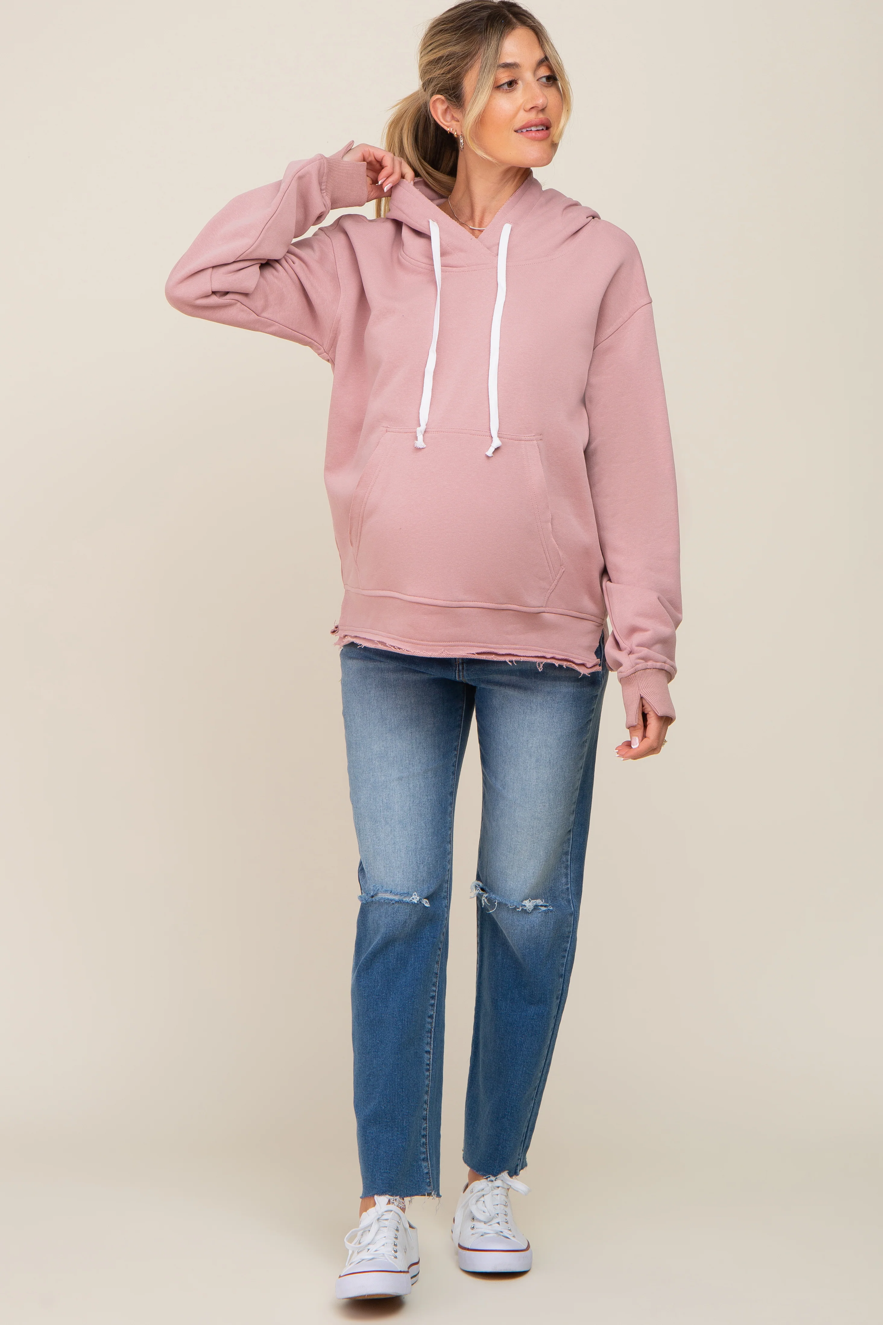 Mauve Raw Edge Trim Maternity Drawstring Hoodie - Image 4