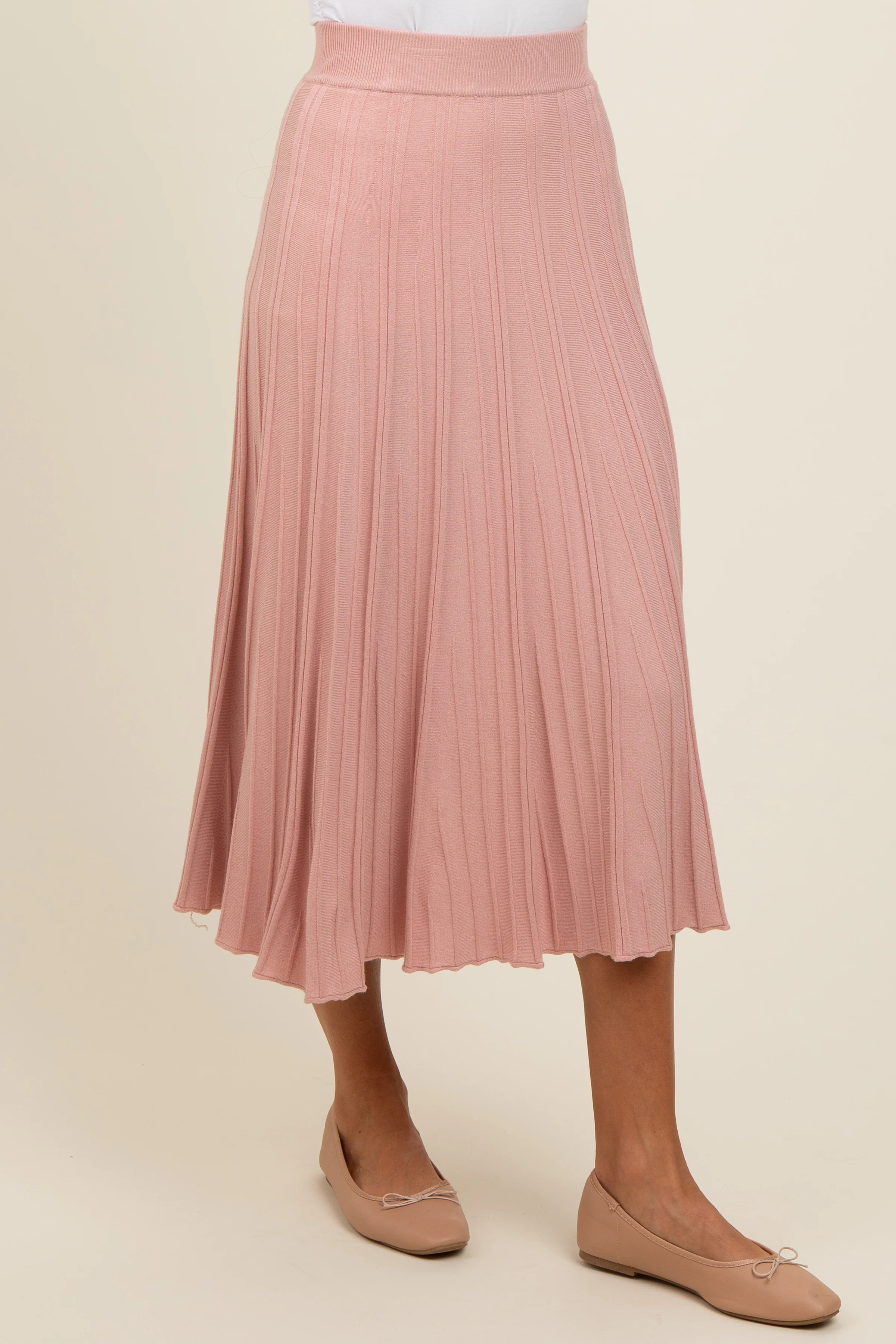 Mauve Ribbed Knit A-Line Midi Skirt - Image 5