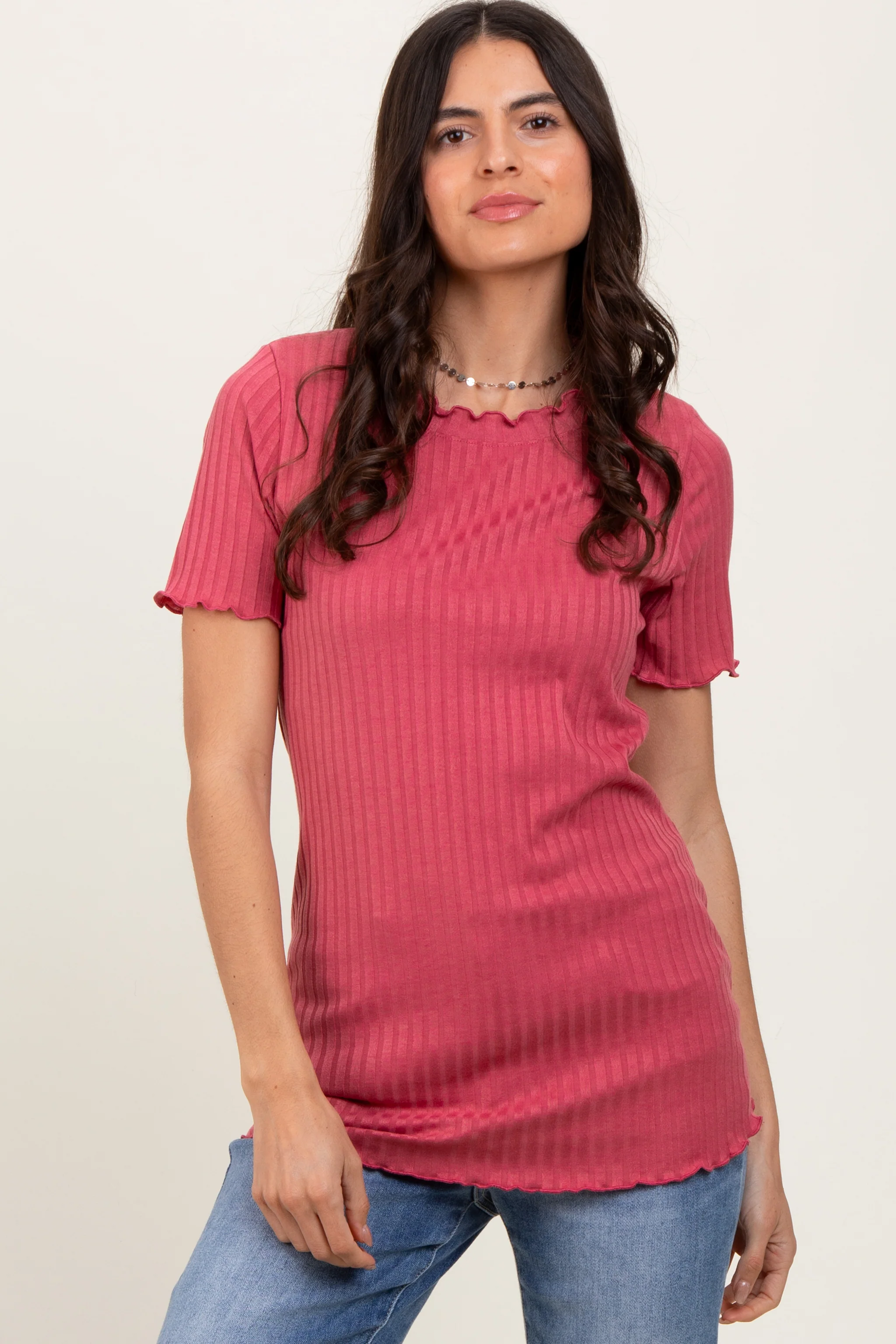 Mauve Ribbed Short Sleeve Top - Image 2