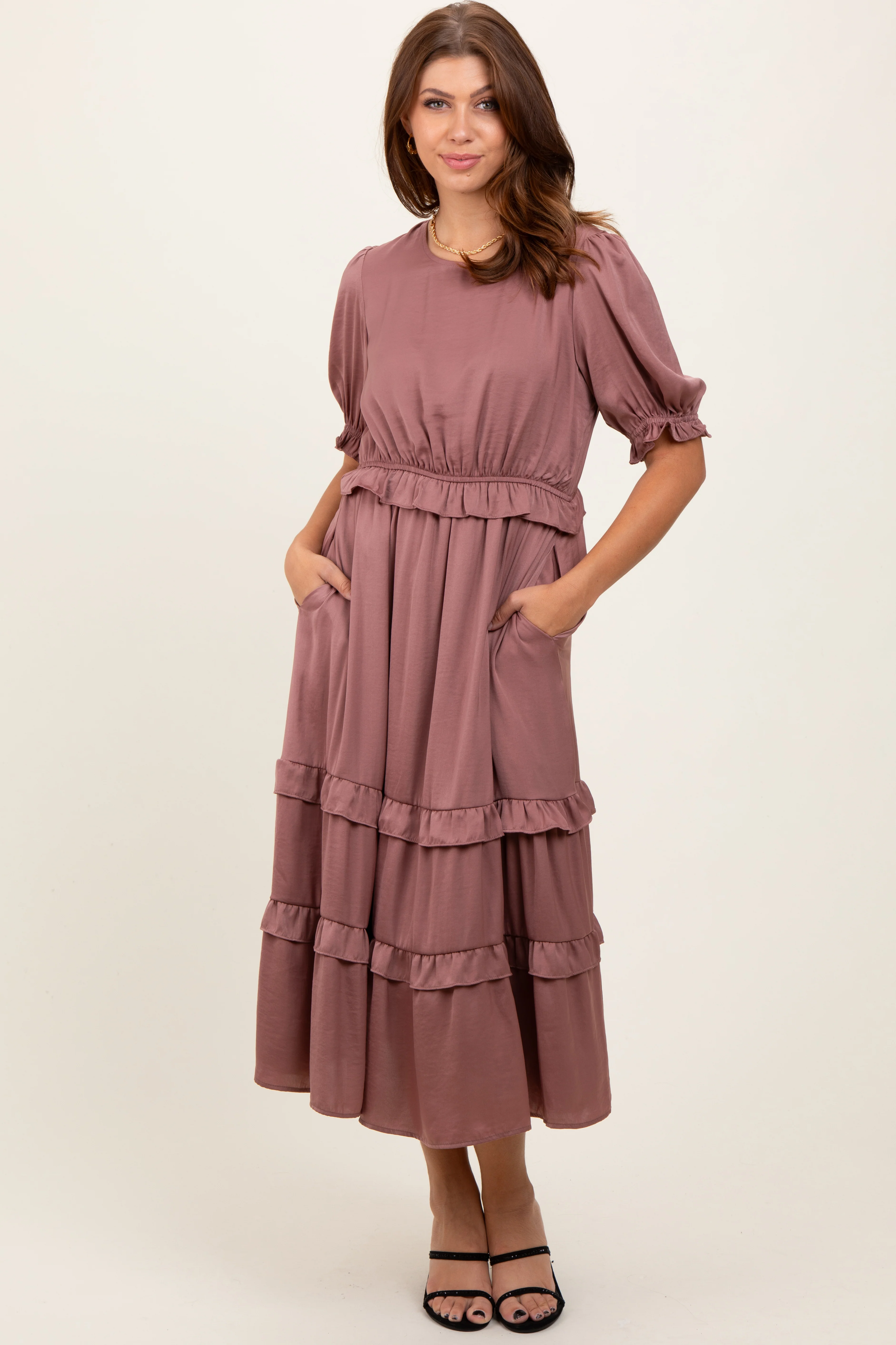 Mauve Satin Ruffle Trim Maternity Midi Dress - Image 4