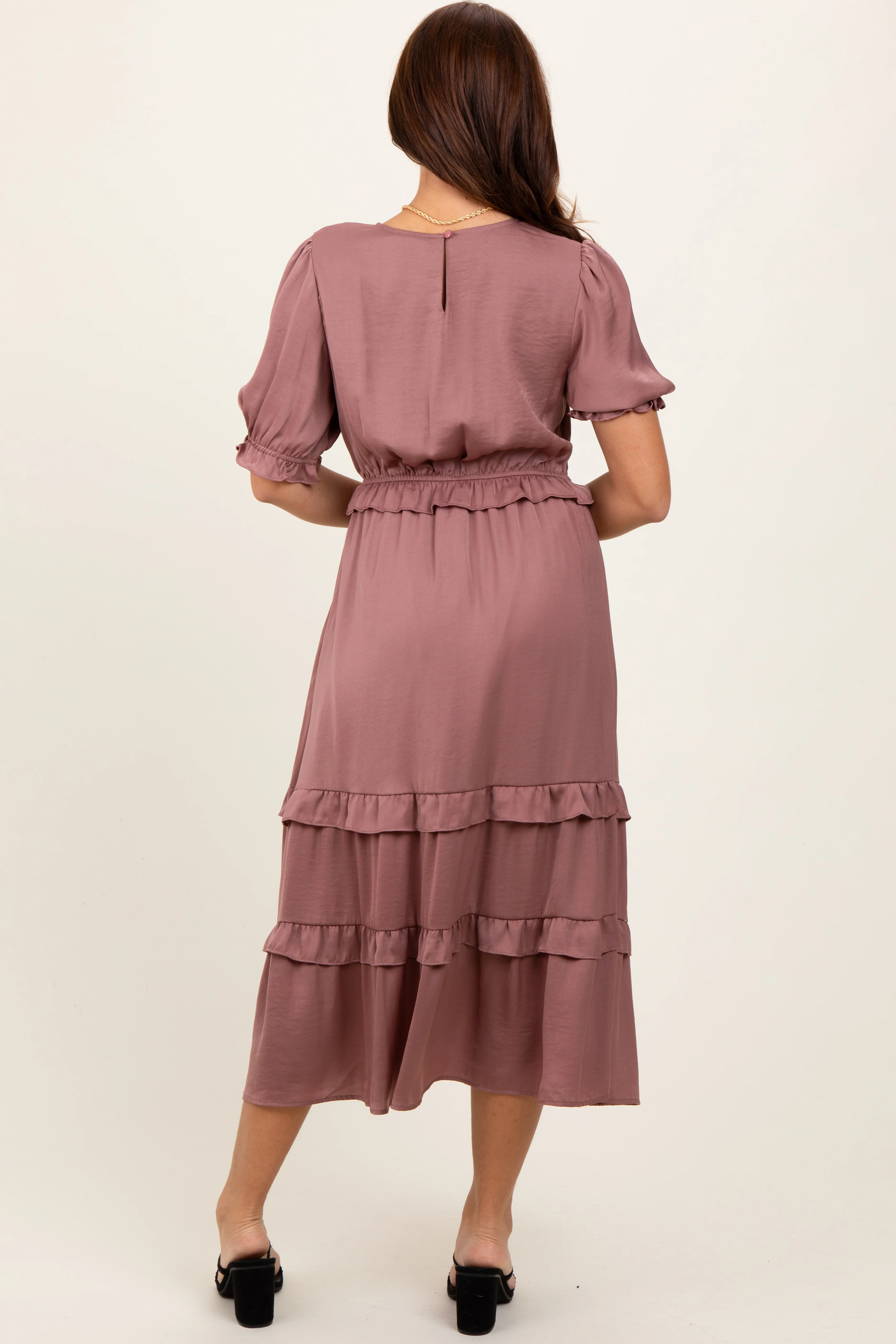 Mauve Satin Ruffle Trim Midi Dress - Image 3