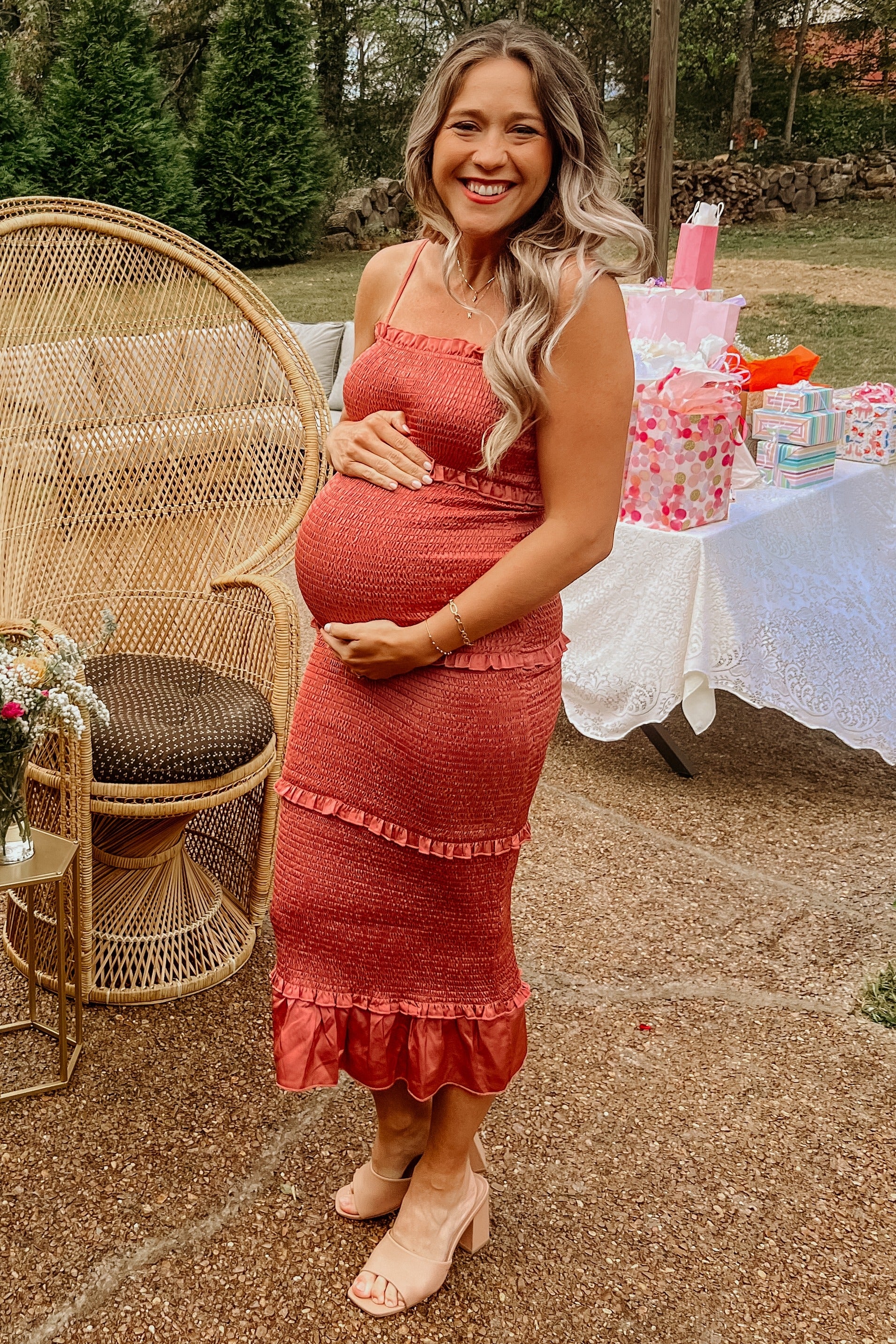 Mauve Satin Smocked Fitted Maternity Midi Dress - Image 13
