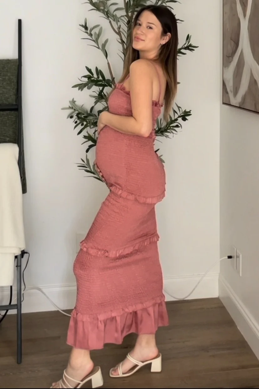 Mauve Satin Smocked Fitted Maternity Midi Dress - Image 15