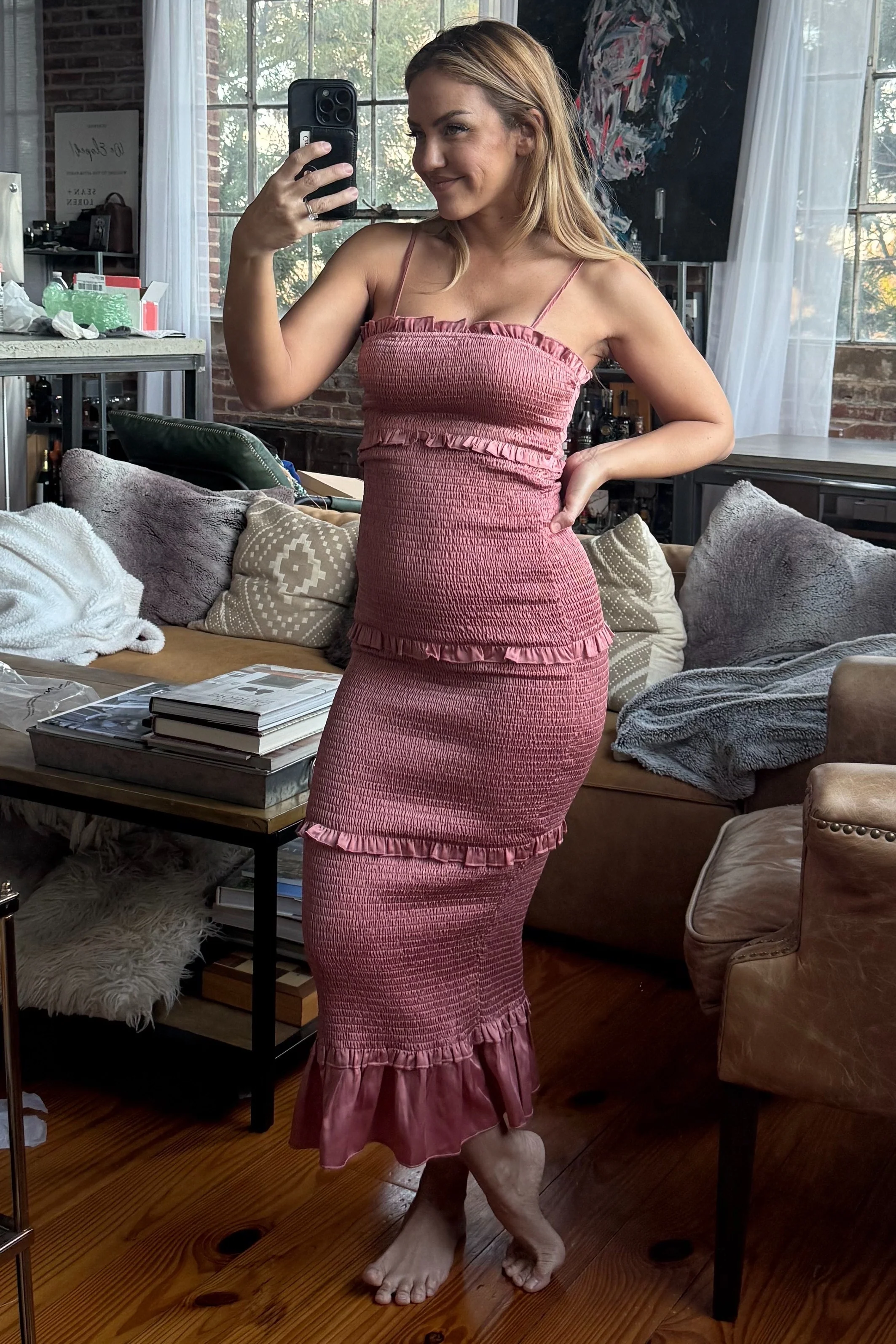 Mauve Satin Smocked Fitted Midi Dress - Image 8