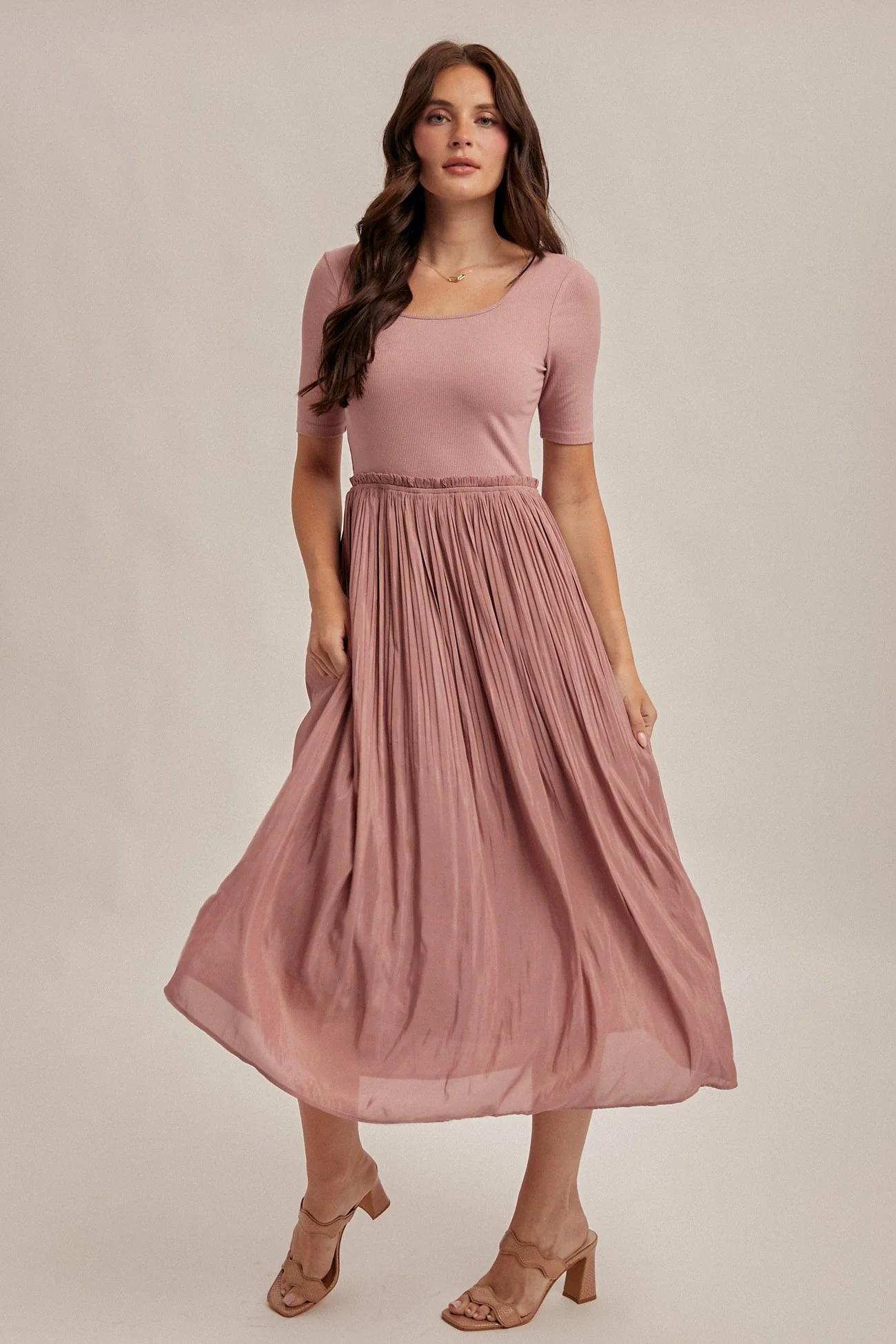 Mauve Scoop Neck Pleated Skirt Ballet Maternity Dress - Image 5
