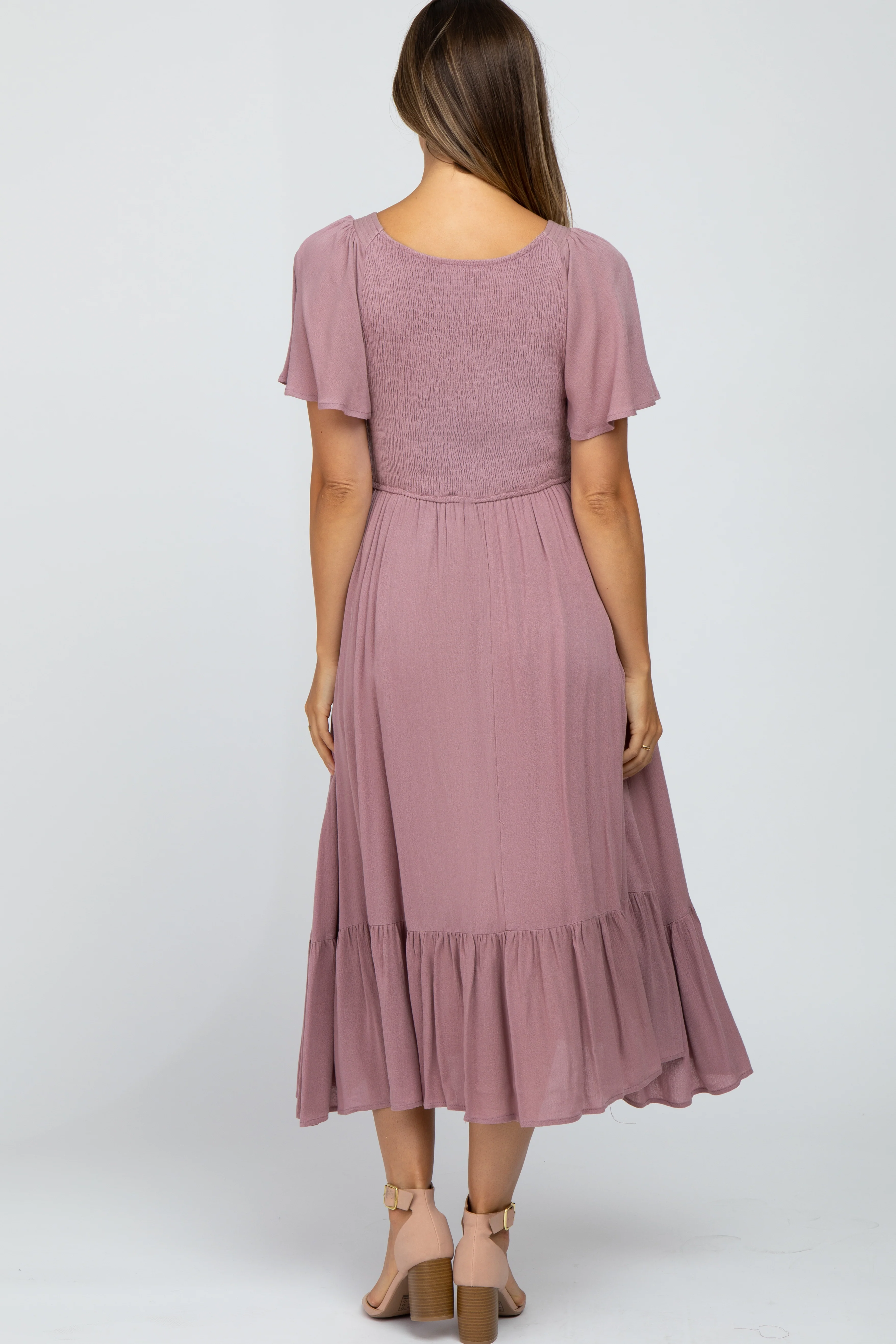 Mauve Smocked V-Neck Maternity Midi Dress - Image 3