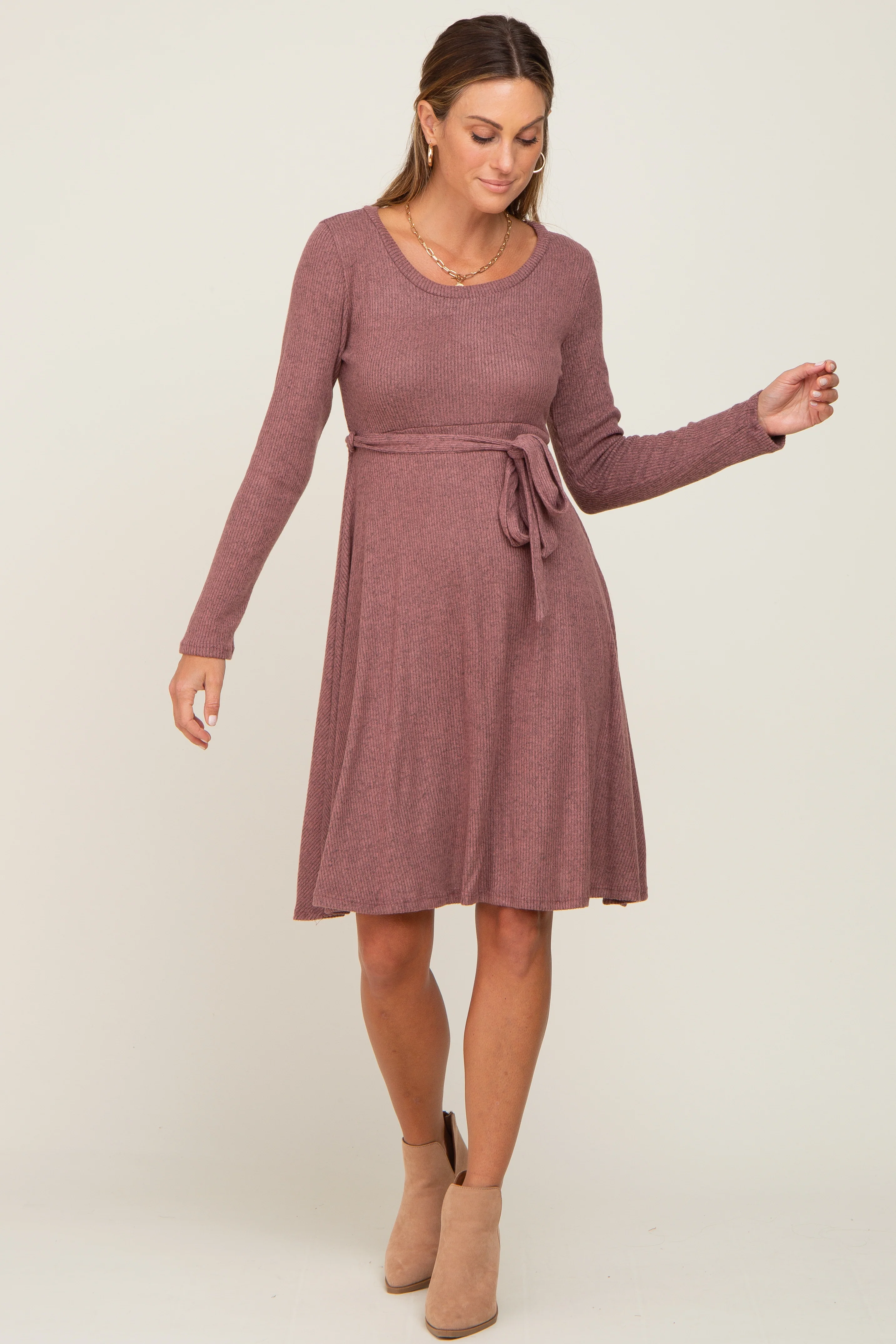 Mauve Soft Rib Knit Sash Tie Dress - Image 4