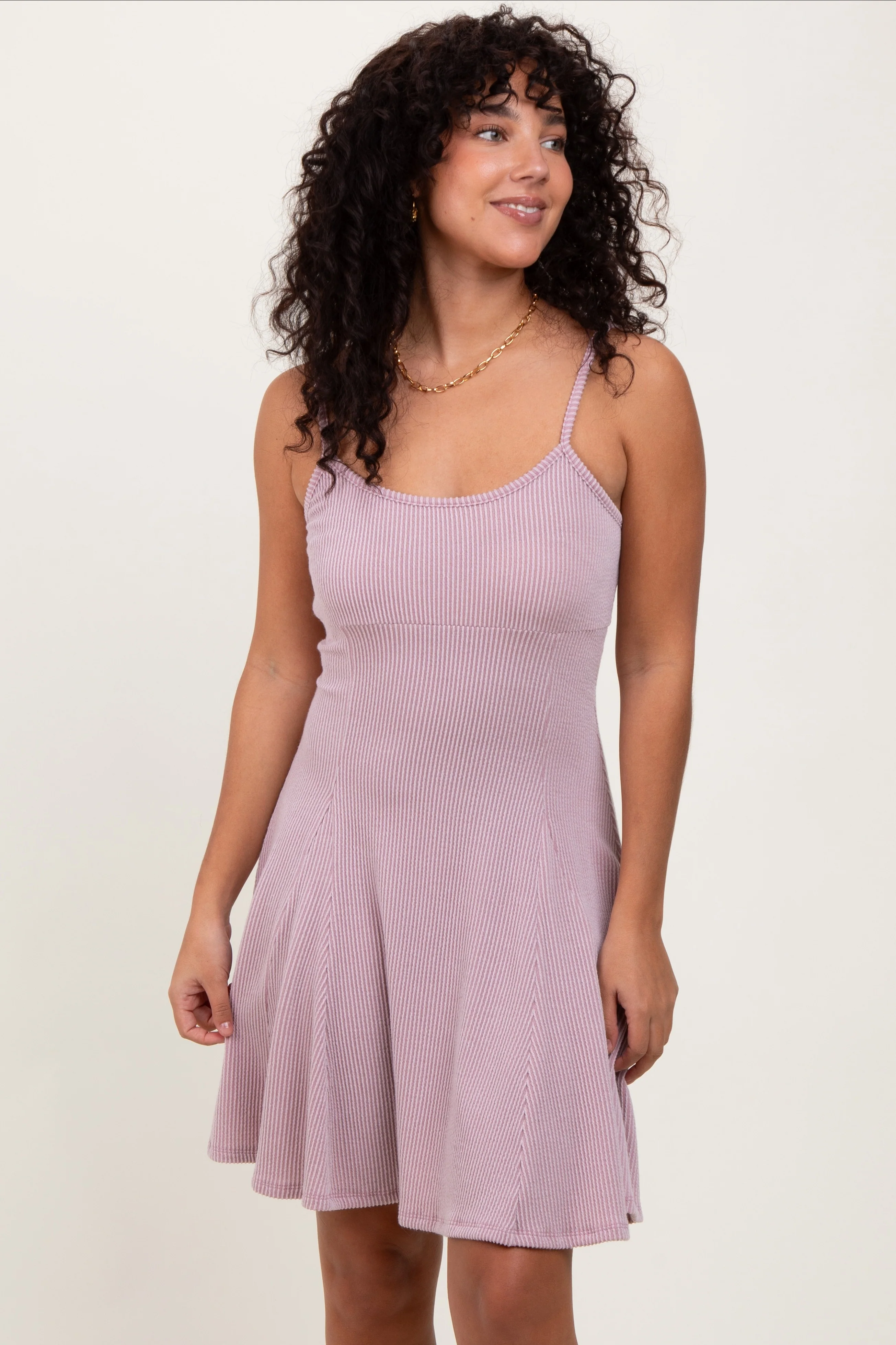 Mauve Solid Ribbed Knitted Adjustable Strap Sleeveless Maternity Mini Dress - Image 4