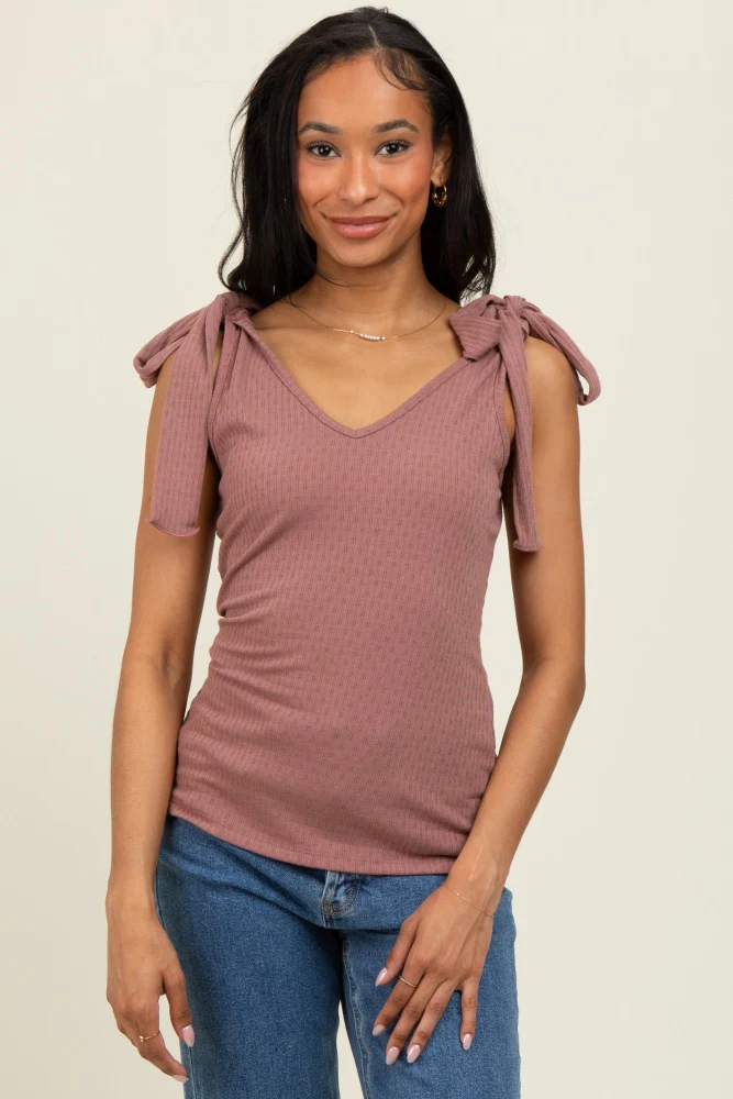 Mauve Solid Ribbed Sleeveless Tie V-Neck Maternity Top - Image 5