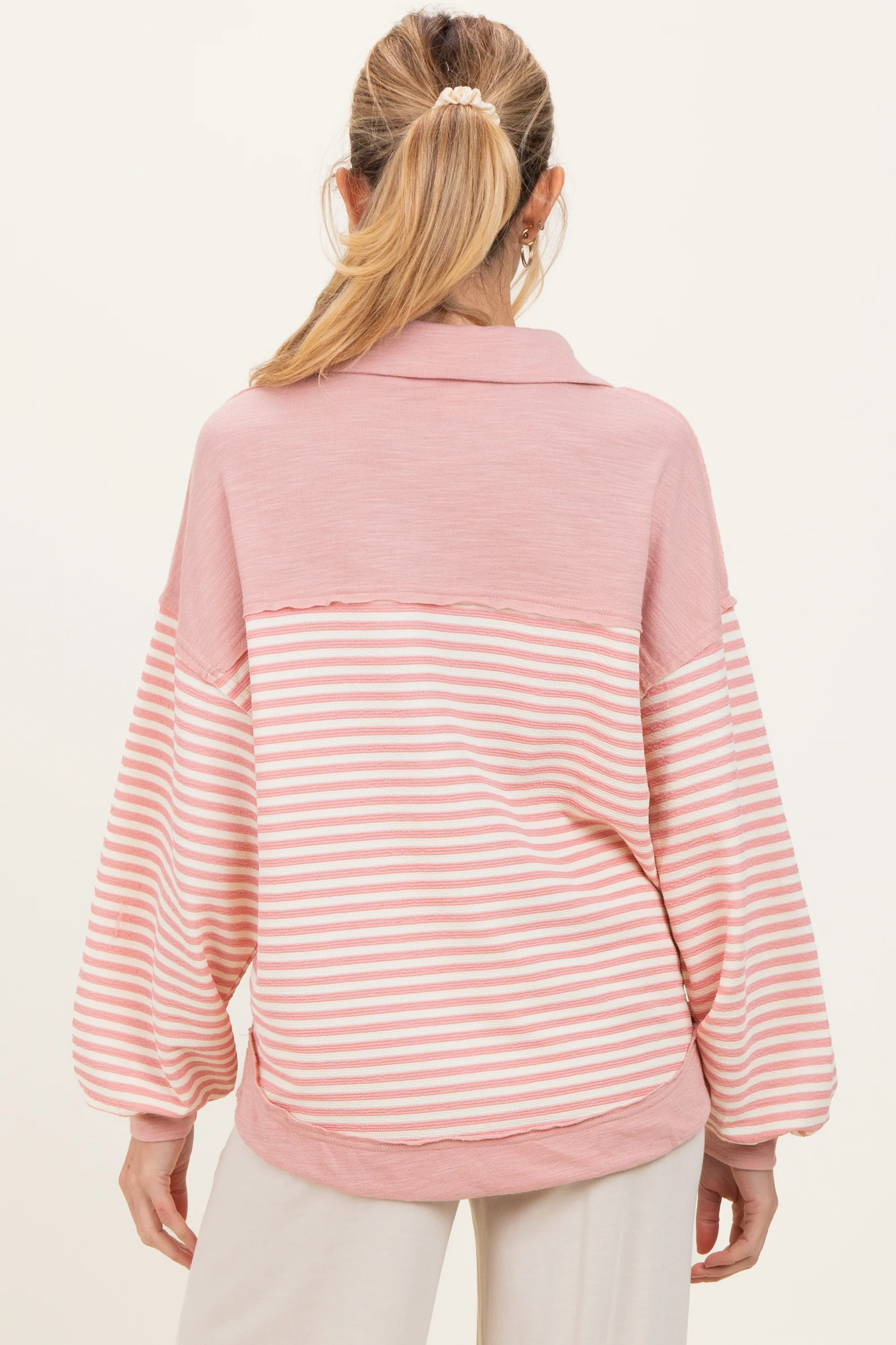 Mauve Striped Oversized Collared Pullover Maternity Top - Image 4