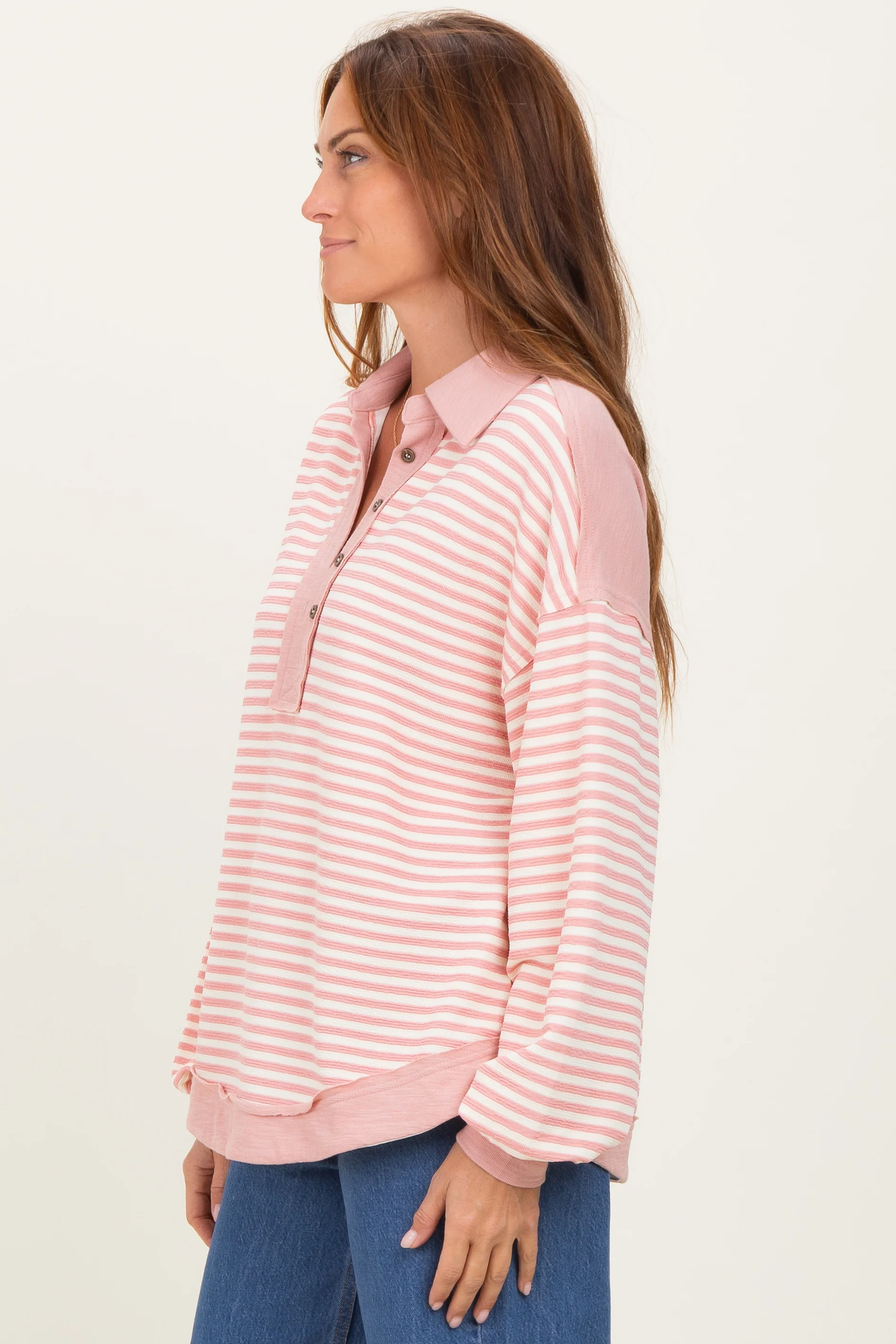 Mauve Striped Oversized Collared Pullover Top - Image 3