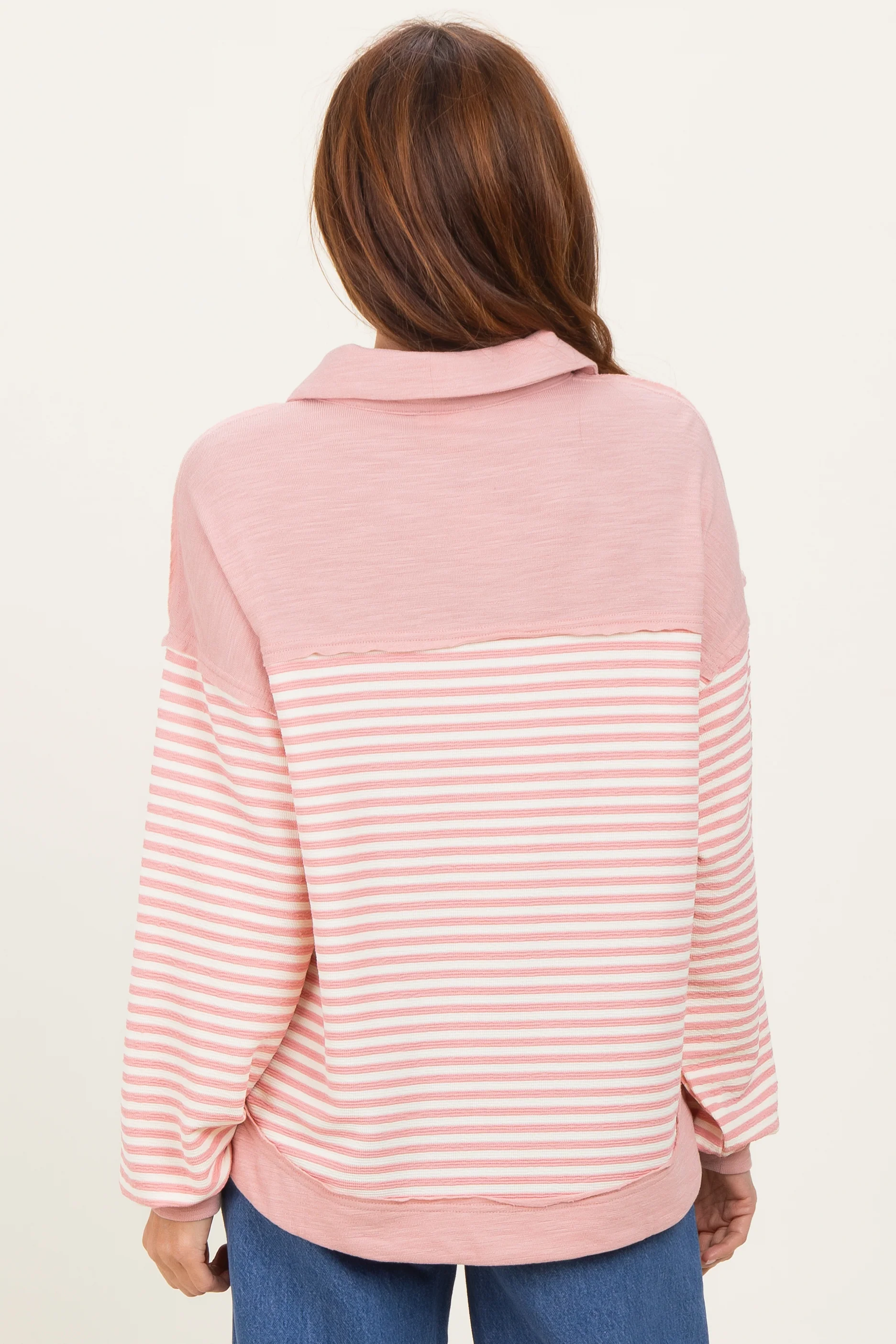 Mauve Striped Oversized Collared Pullover Top - Image 4