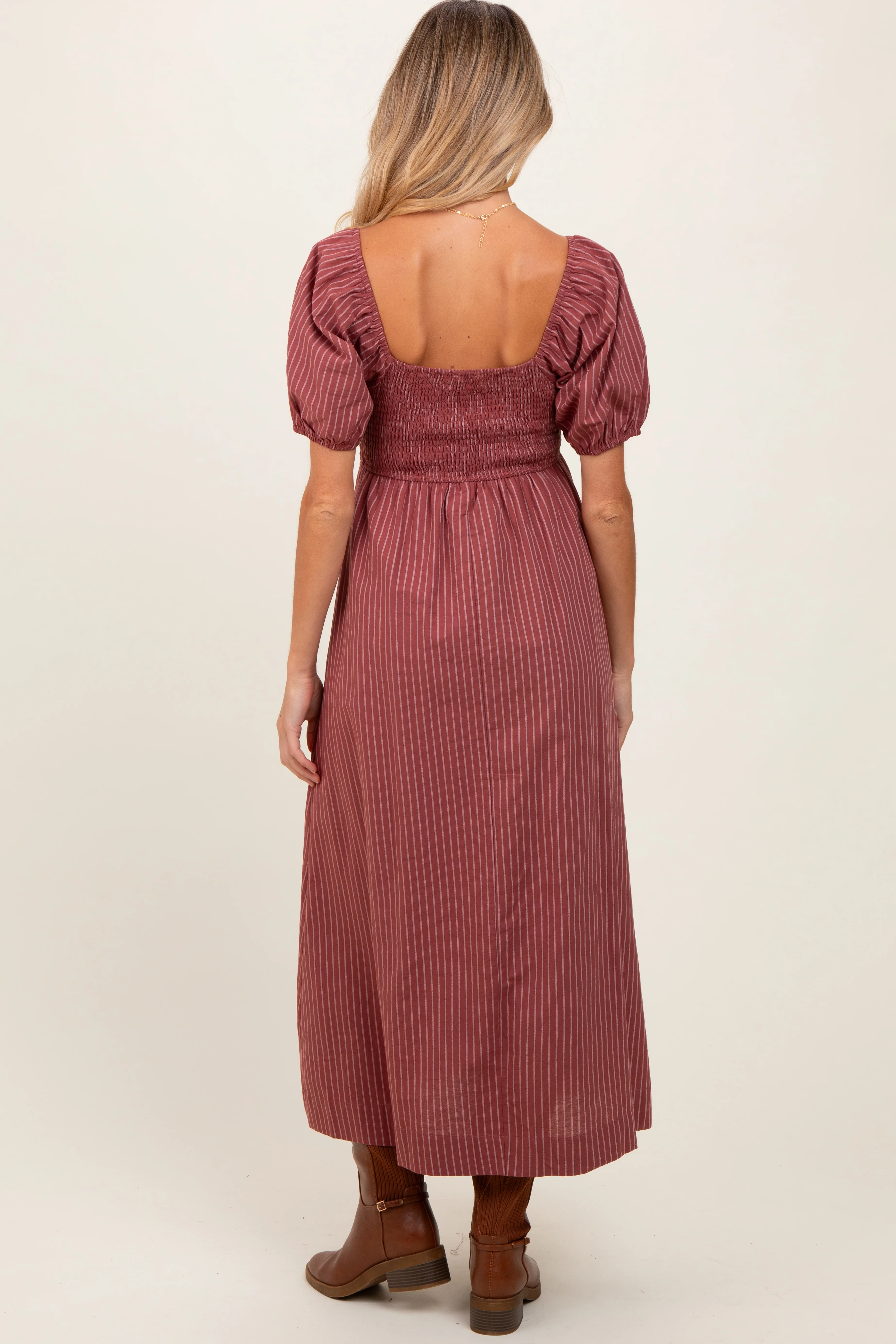 Mauve Striped Popcorn Smocked Maternity Midi Dress - Image 4