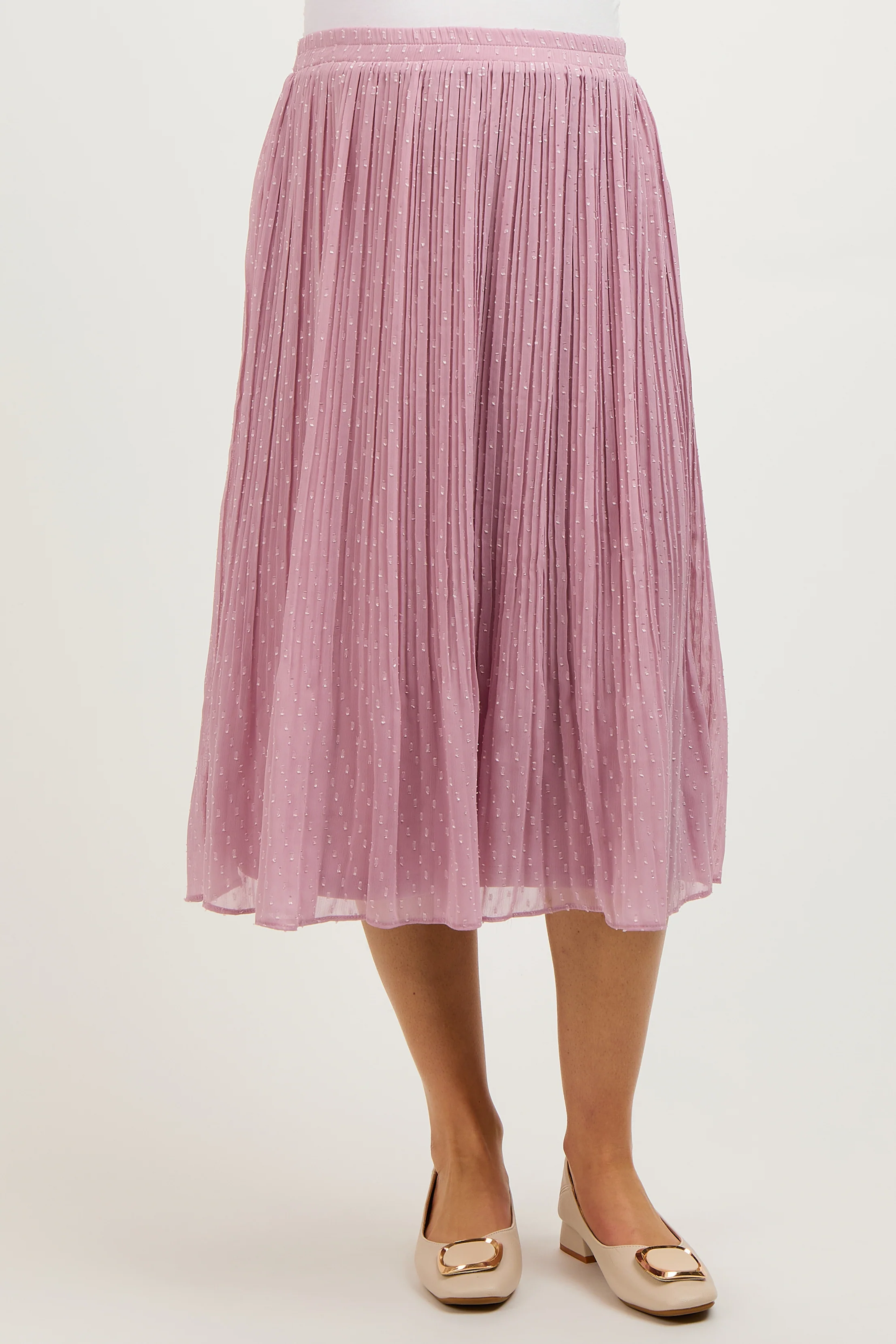 Mauve Swiss Dot Pleated Maternity Midi Skirt - Image 3