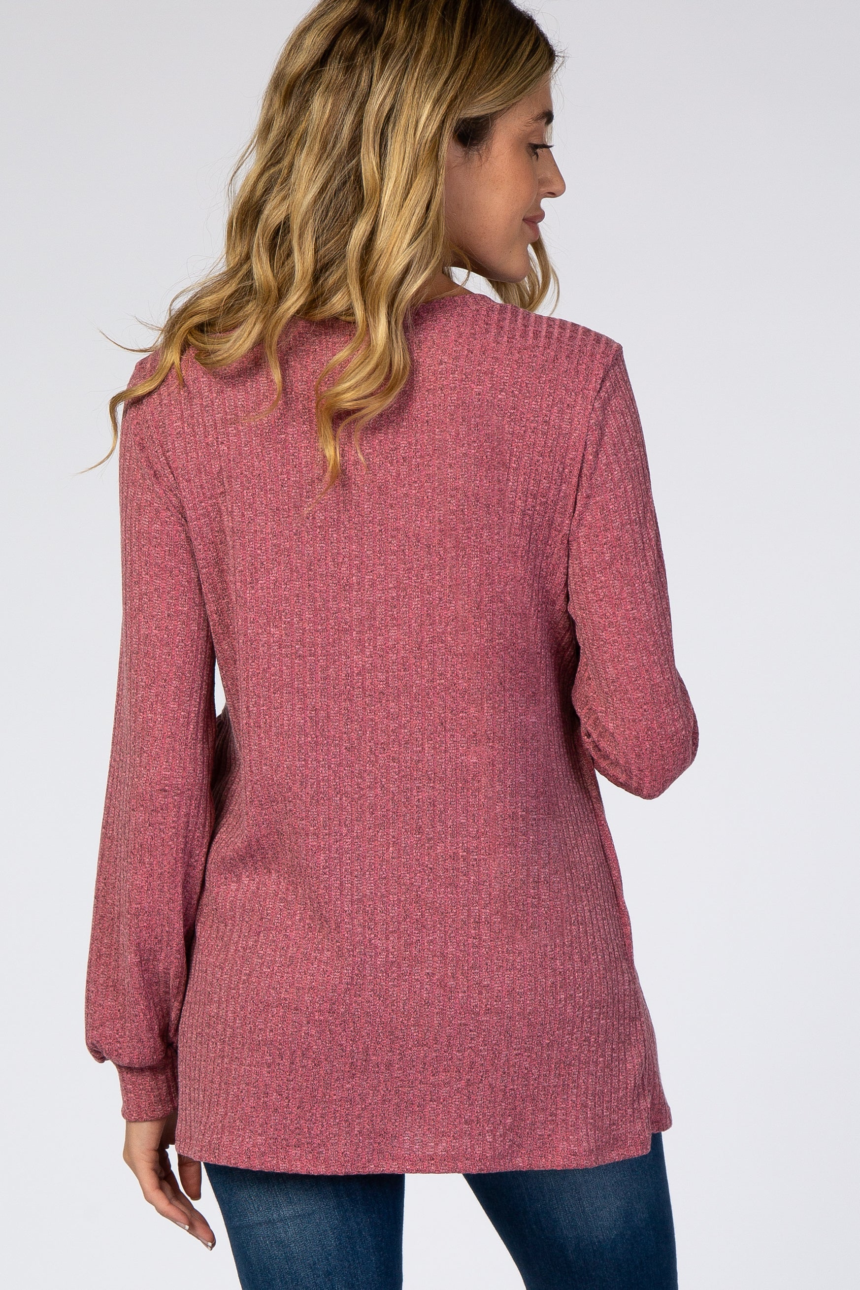Mauve Textured Knit Babydoll Long Sleeve Maternity Top - Image 3