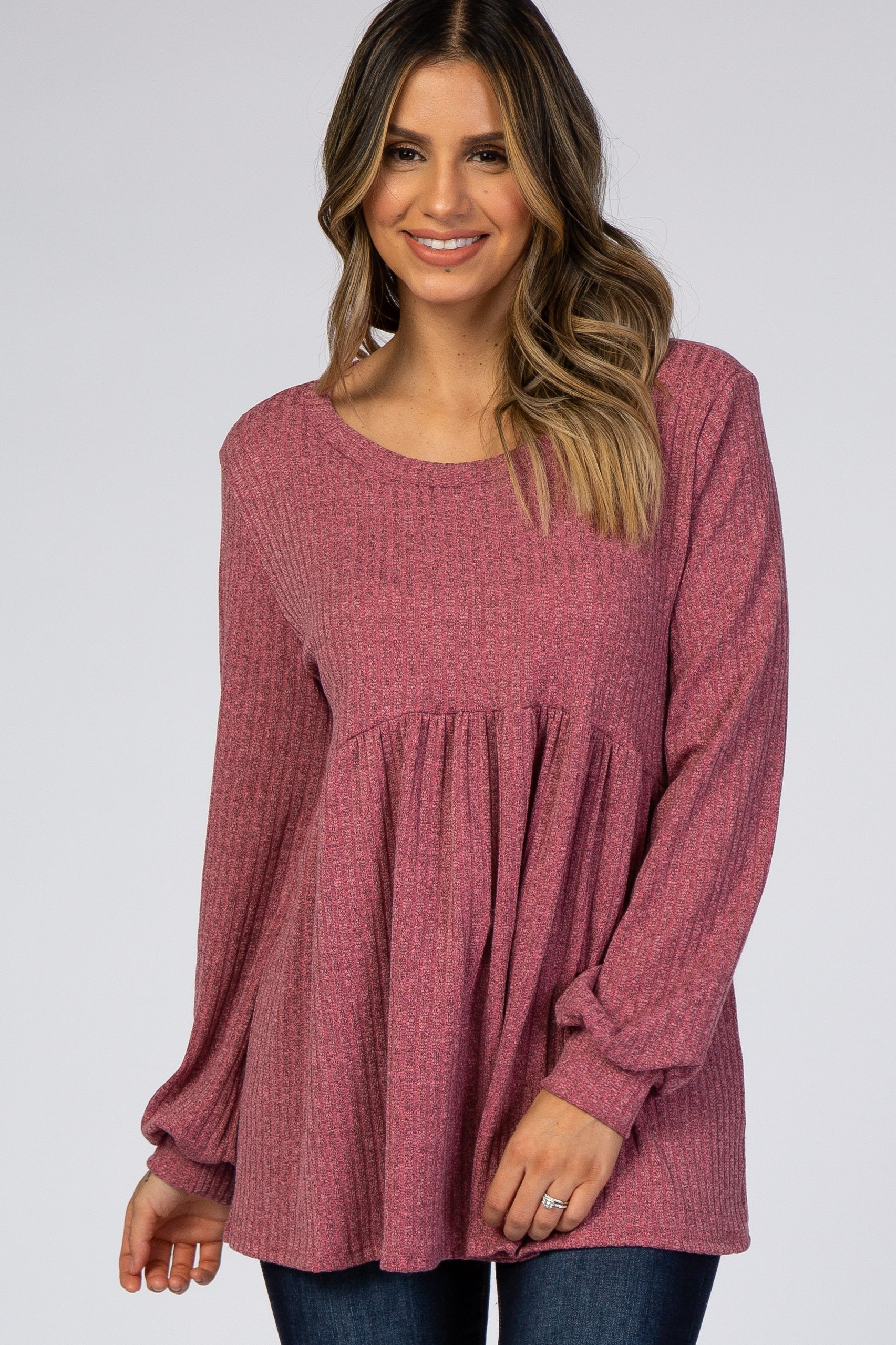 Mauve Textured Knit Babydoll Long Sleeve Maternity Top - Image 5