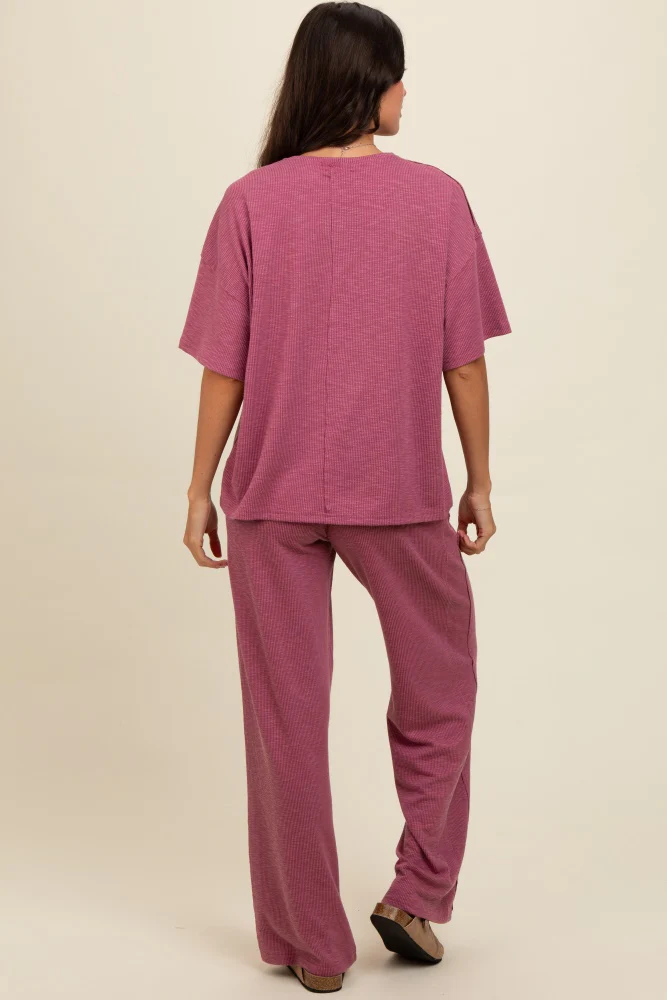 Mauve Textured Knit Oversized Tee And Pants Set - Image 4