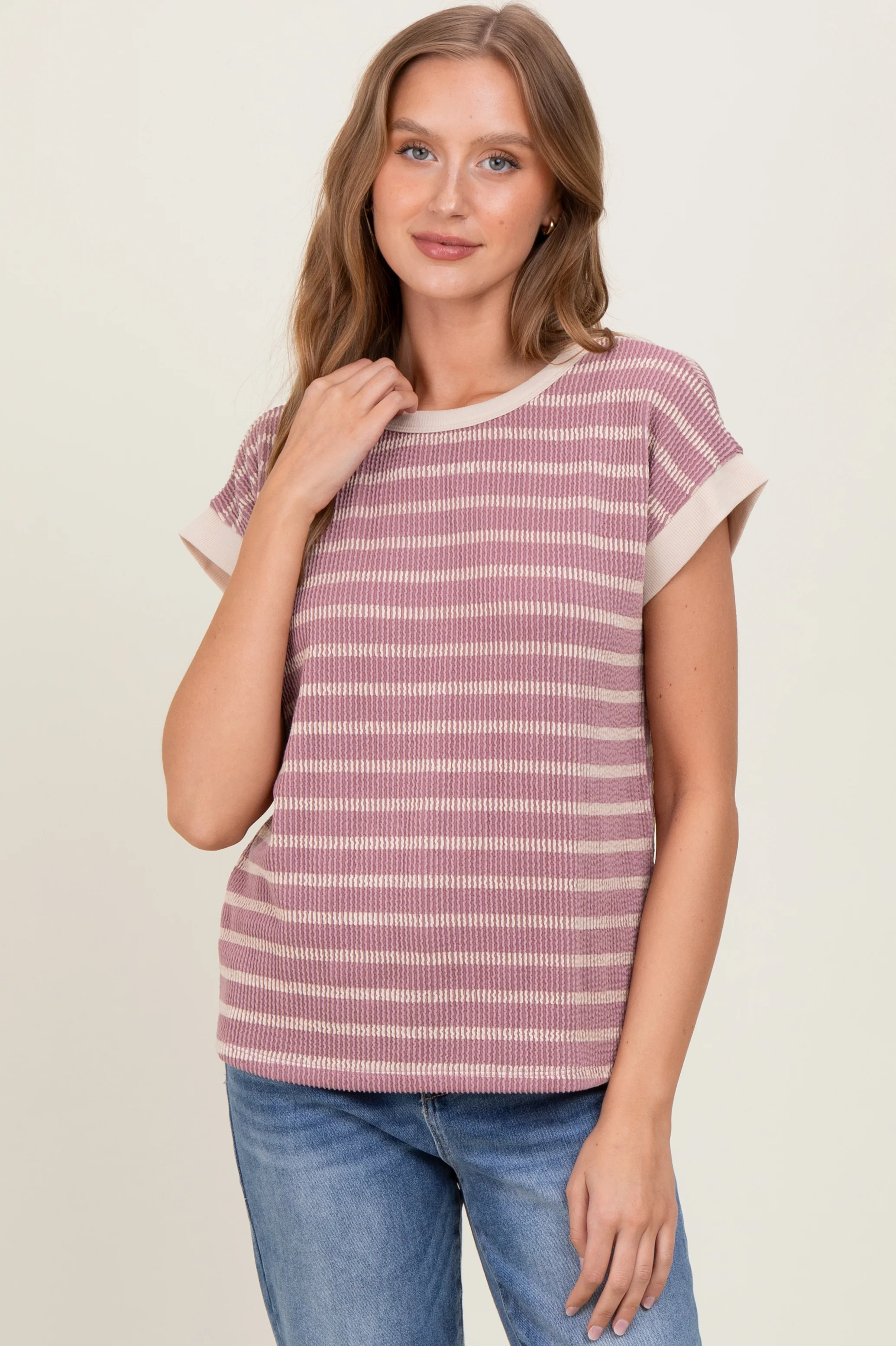 Mauve Textured Striped Short Sleeve Top - Image 2