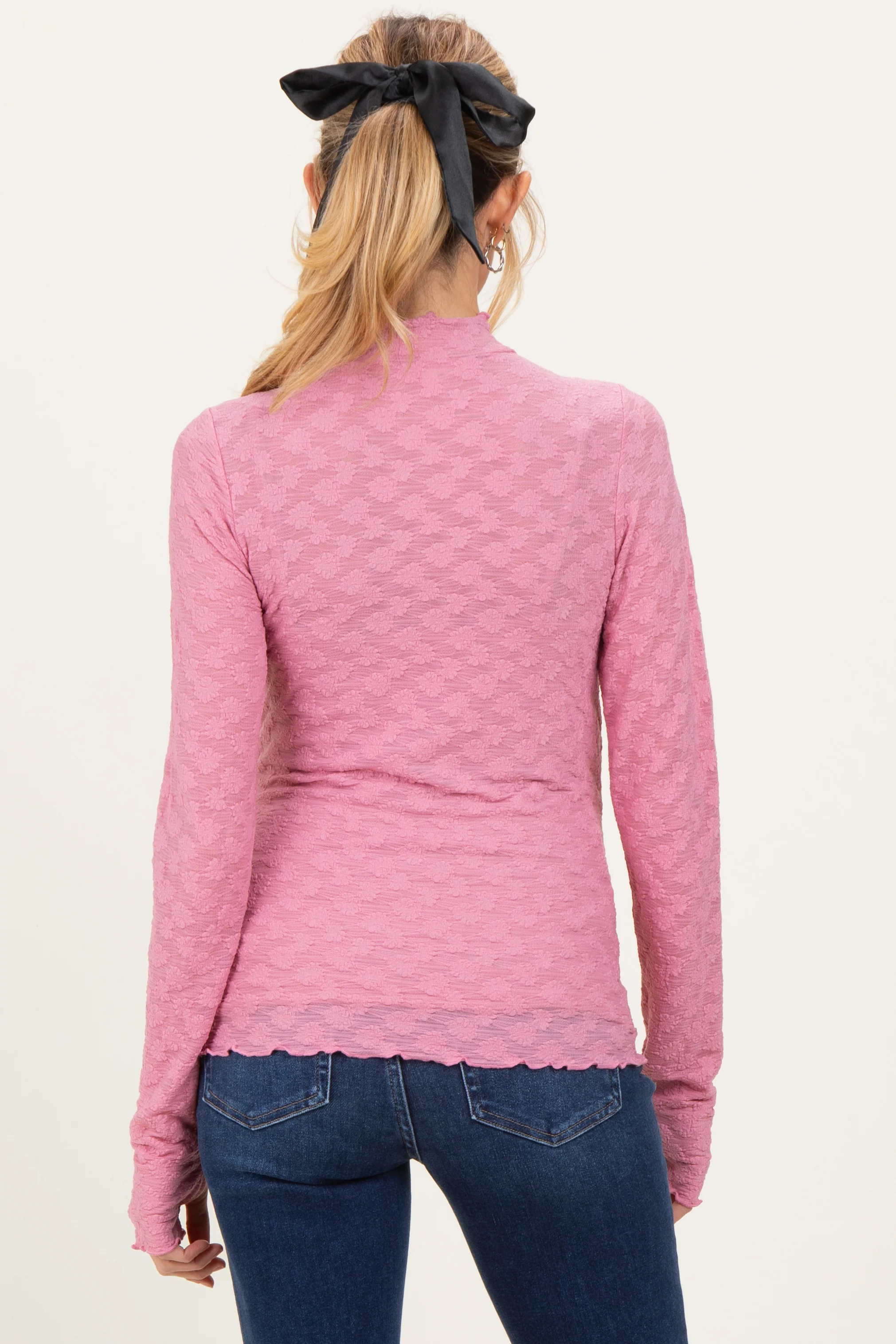 Mauve Thumbhole Sleeves Mock Neck Lace Maternity Top - Image 4