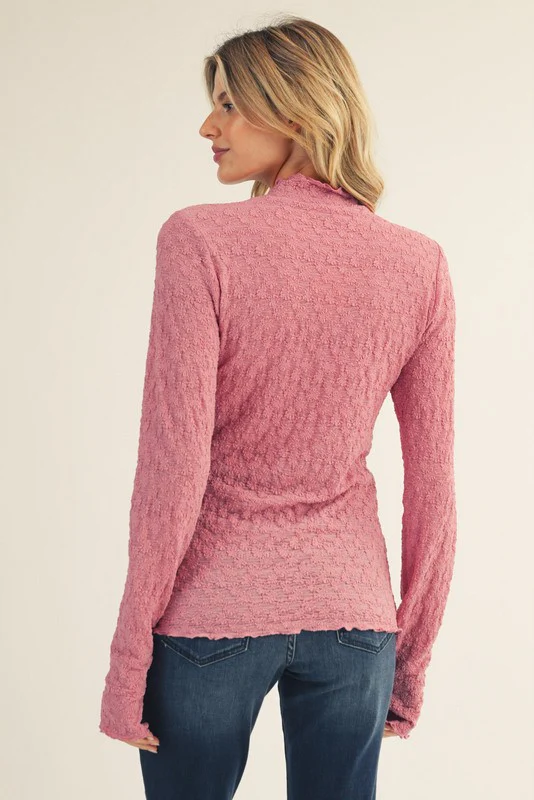Mauve Thumbhole Sleeves Mock Neck Lace Top - Image 2