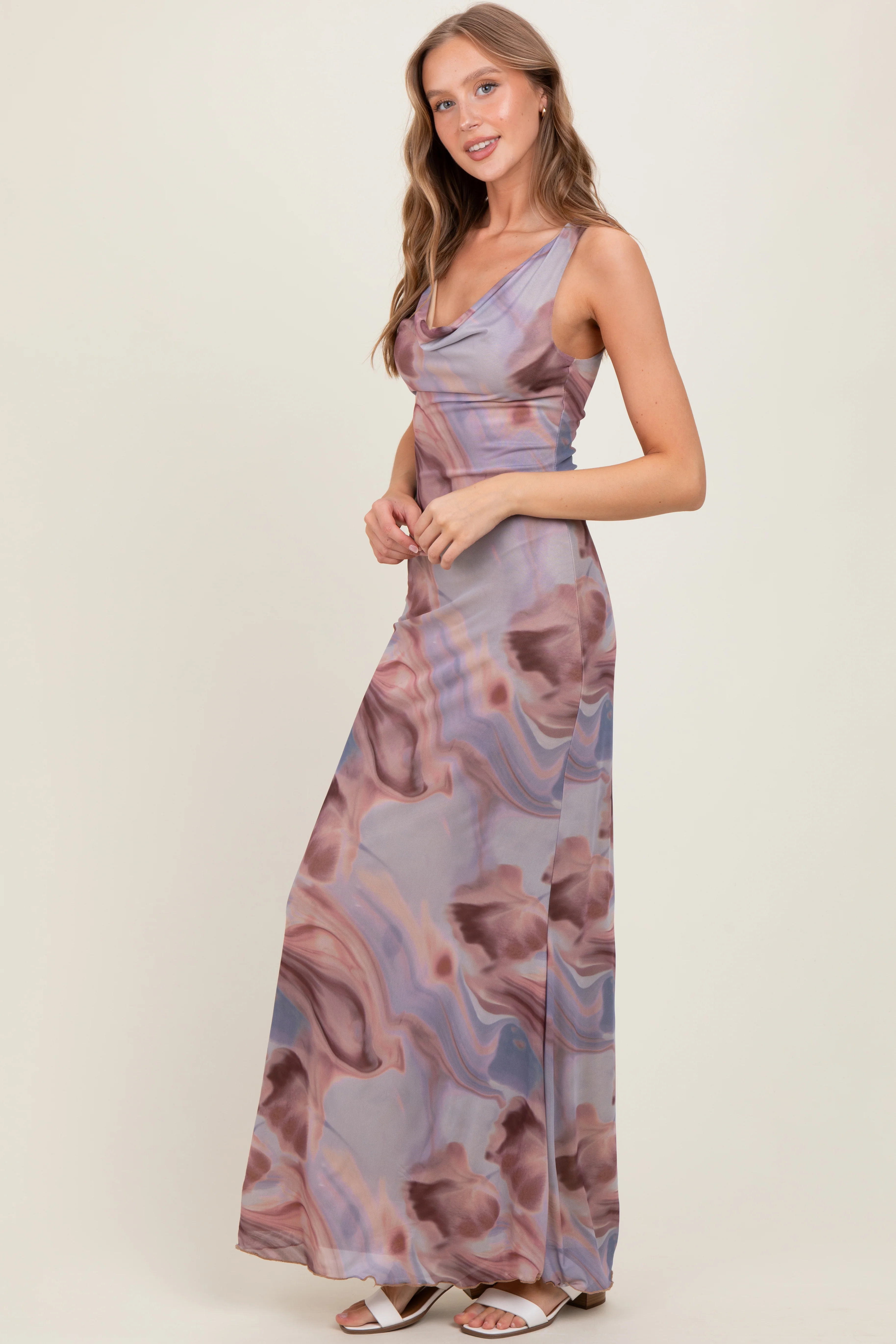 Mauve Watercolor Draped Neck Maxi Dress - Image 3