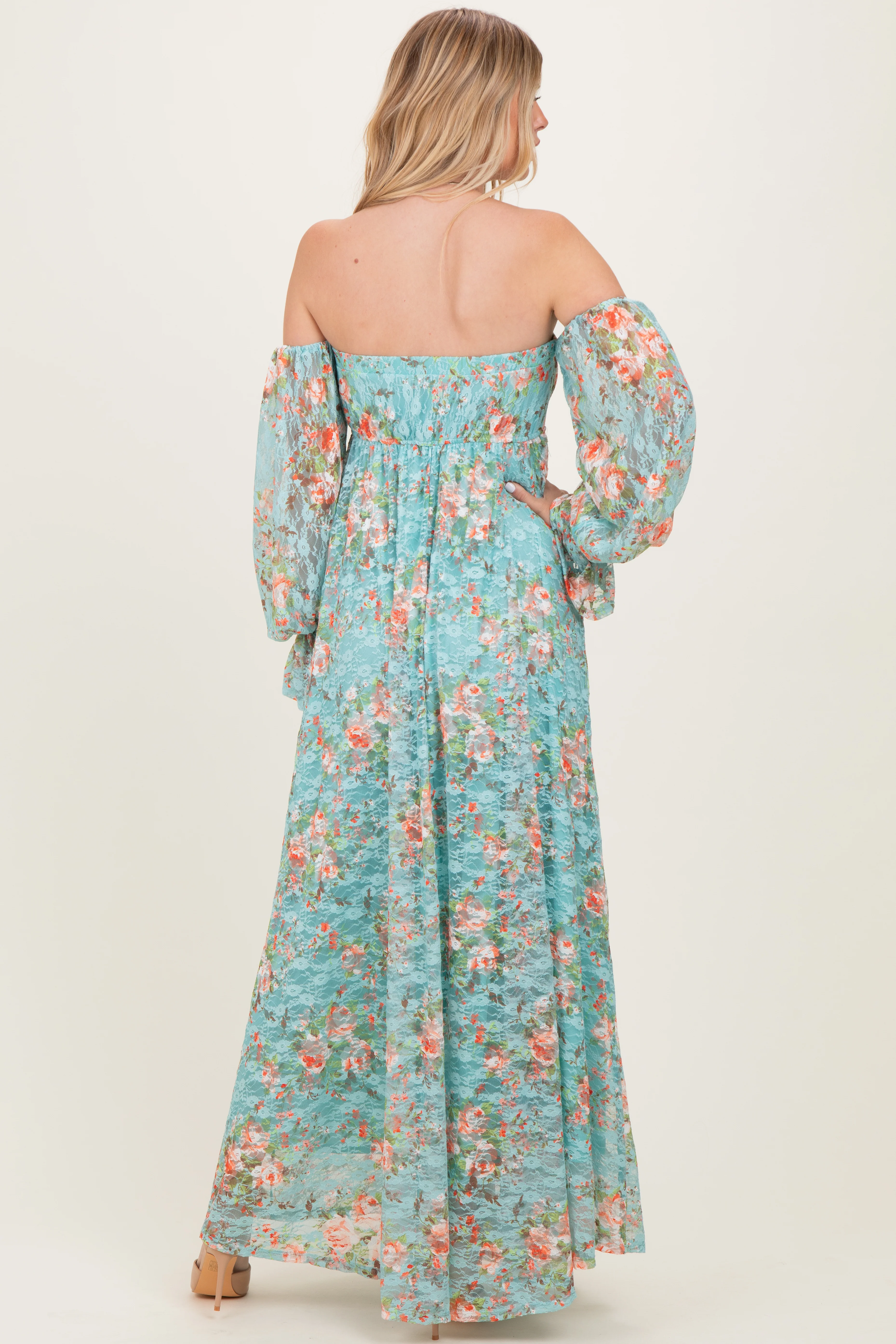 Mint Floral Lace Smocked Long Sleeve Off Shoulder Maxi Dress - Image 4