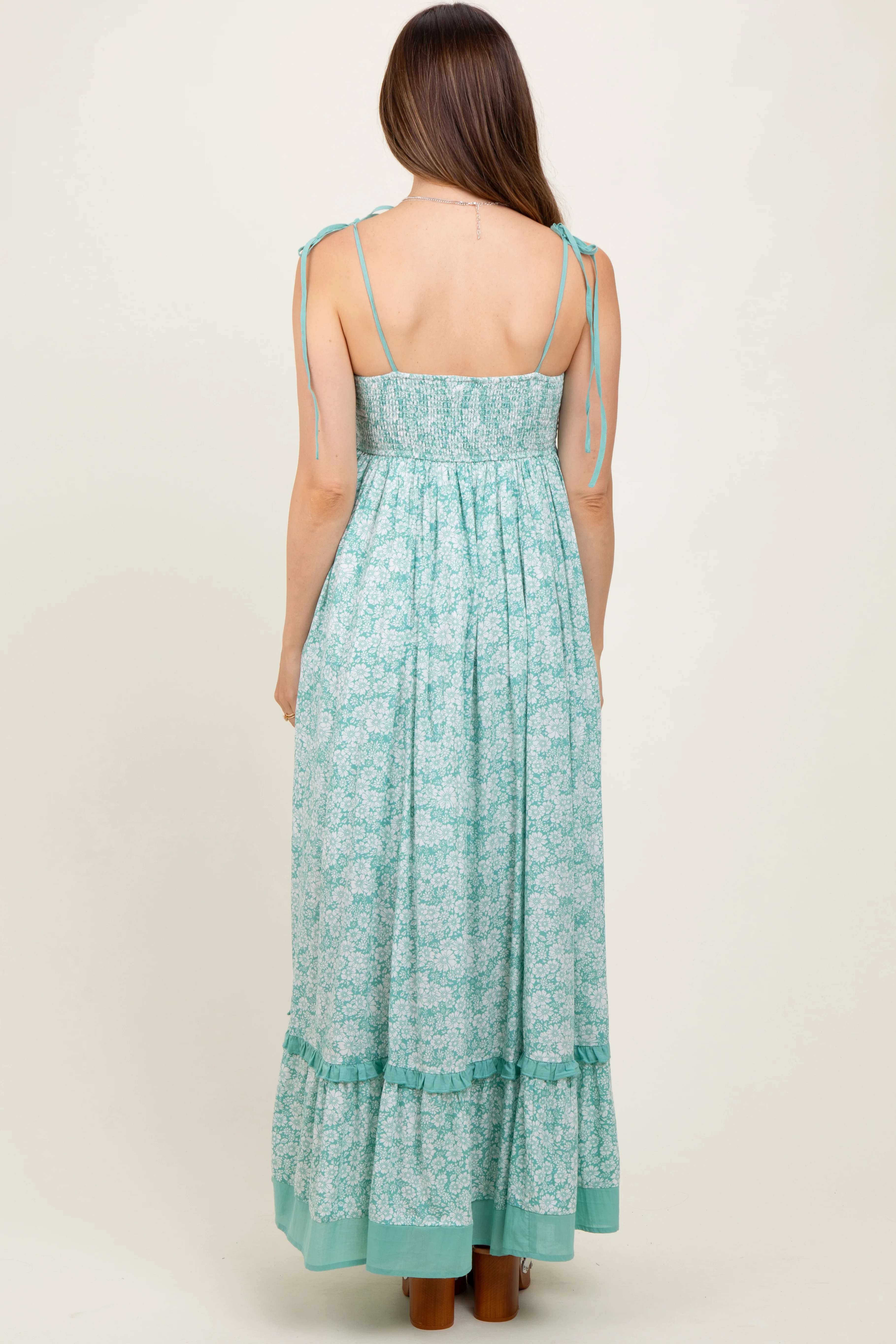 Mint Floral Shoulder Tie Maternity Maxi Dress - Image 4