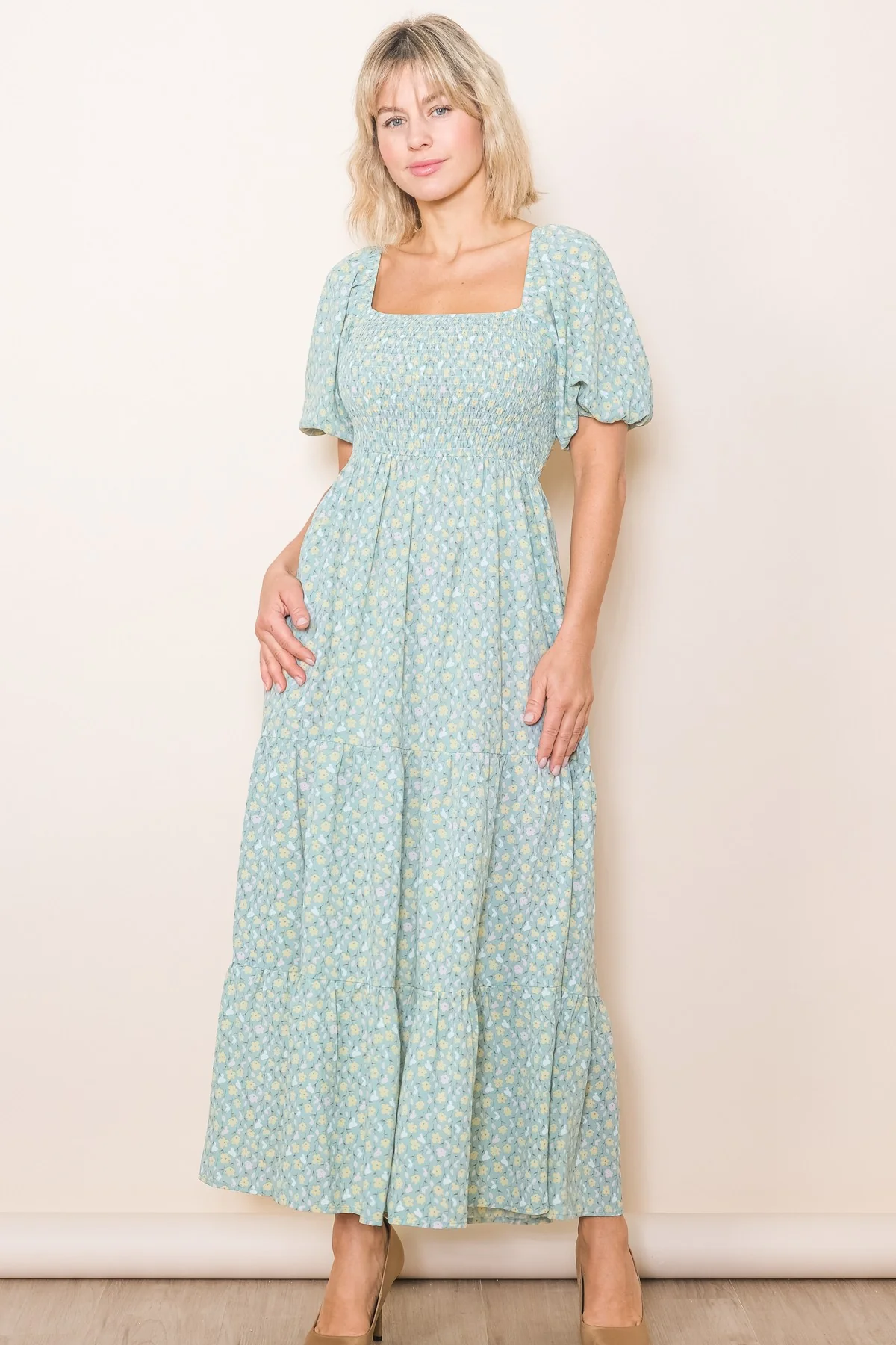 Mint Floral Smocked Tiered Maternity Maxi Dress - Image 5