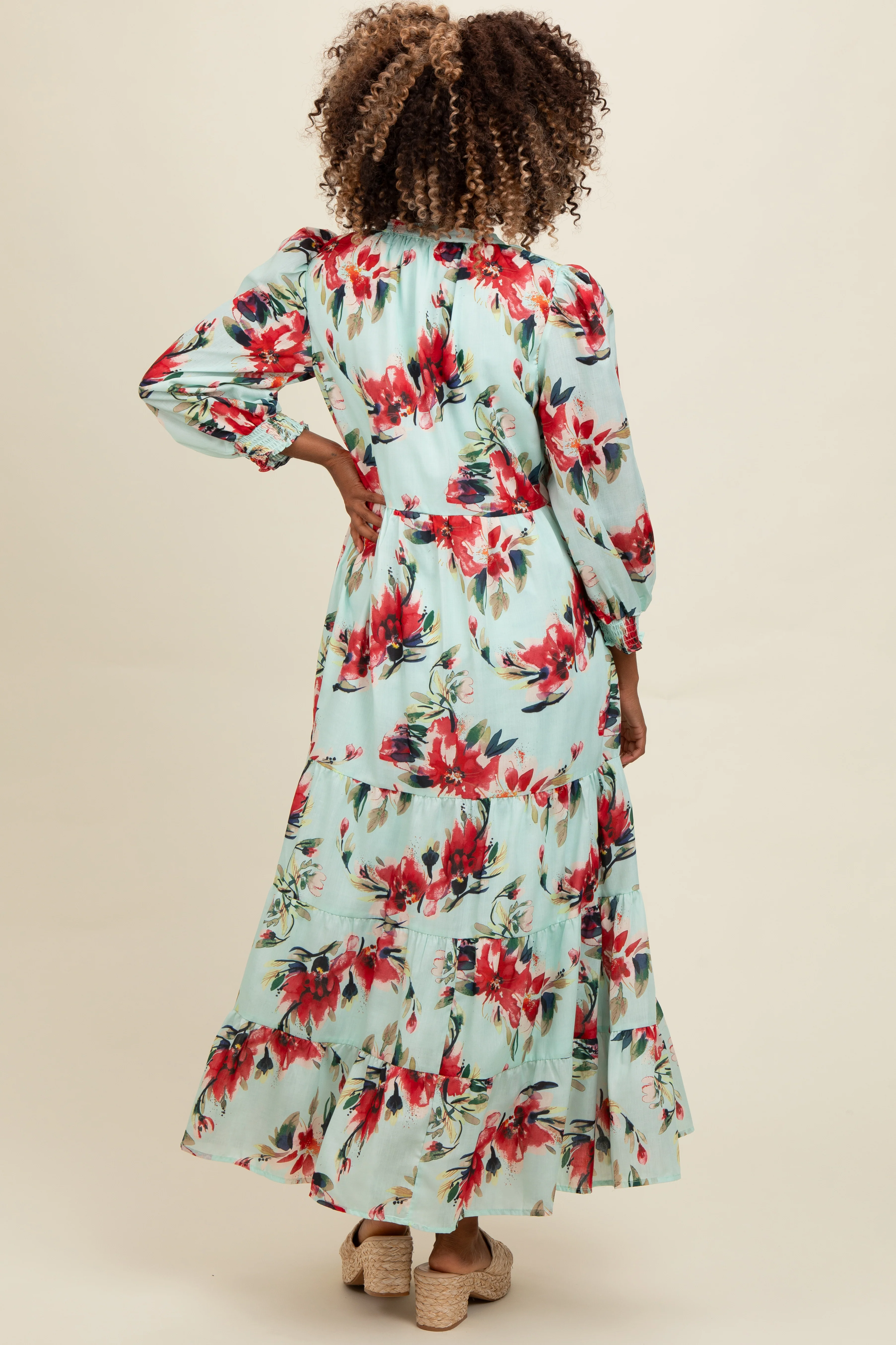 Mint Floral V-Neck Tiered Midi Dress - Image 3