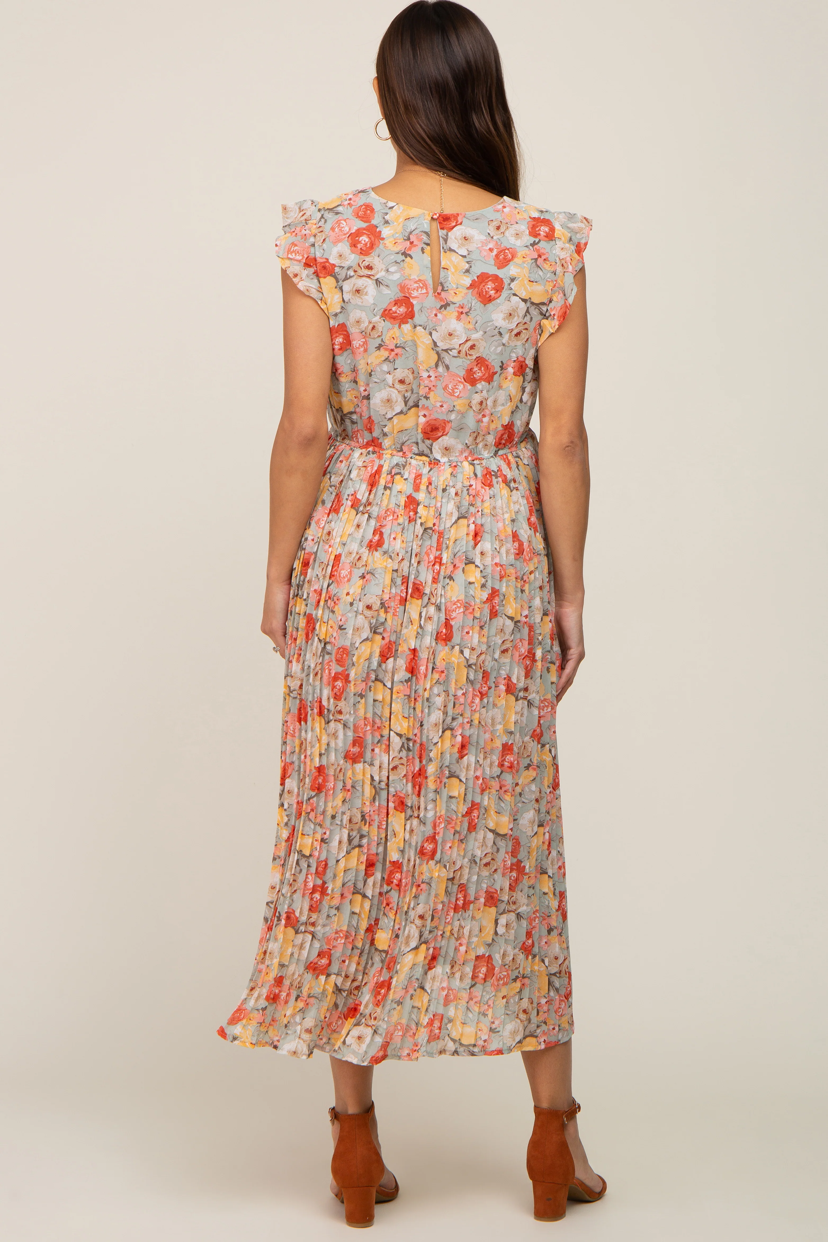 Mint Green Floral Chiffon Pleated Maternity Midi Dress - Image 4