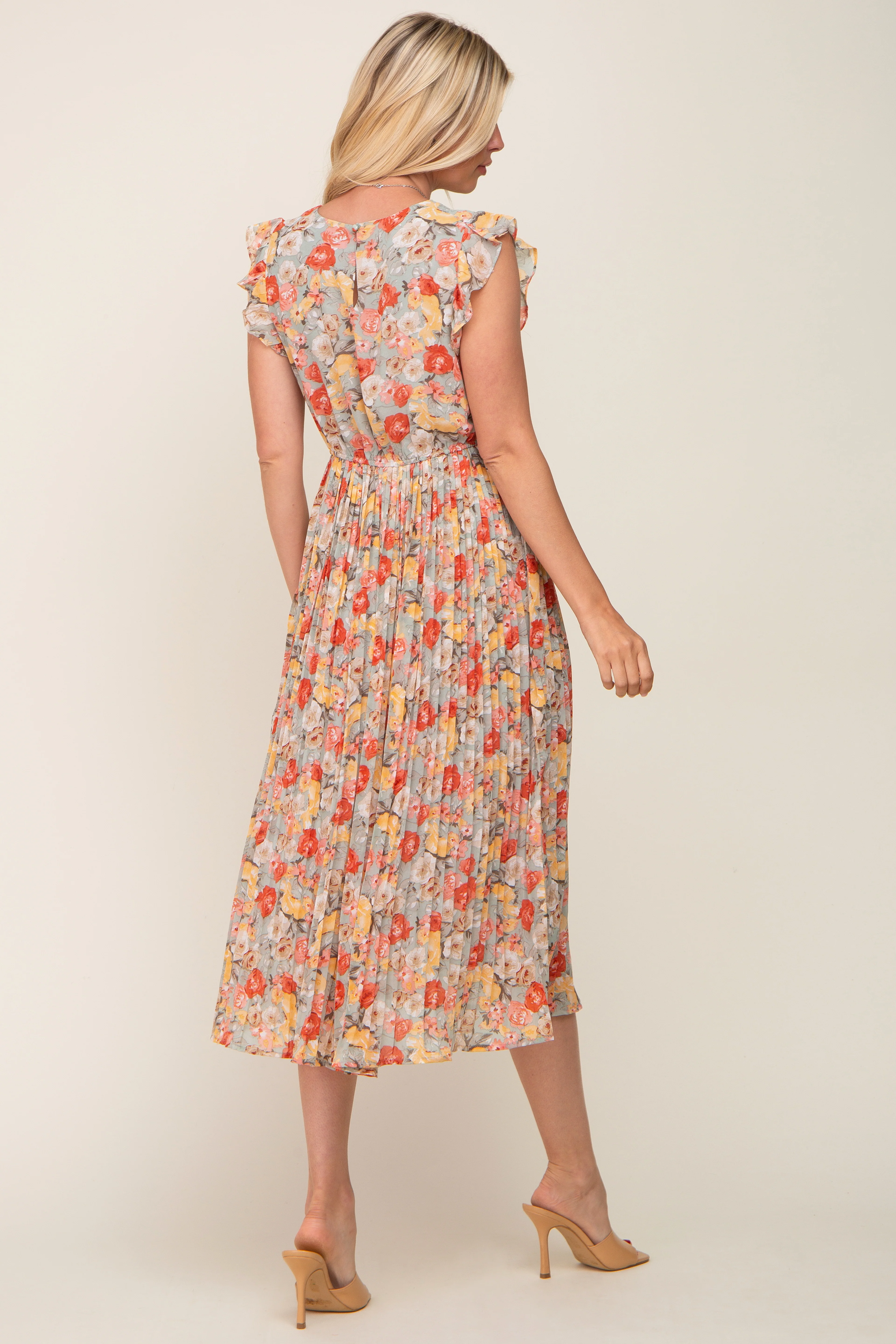 Mint Green Floral Chiffon Pleated Midi Dress - Image 3