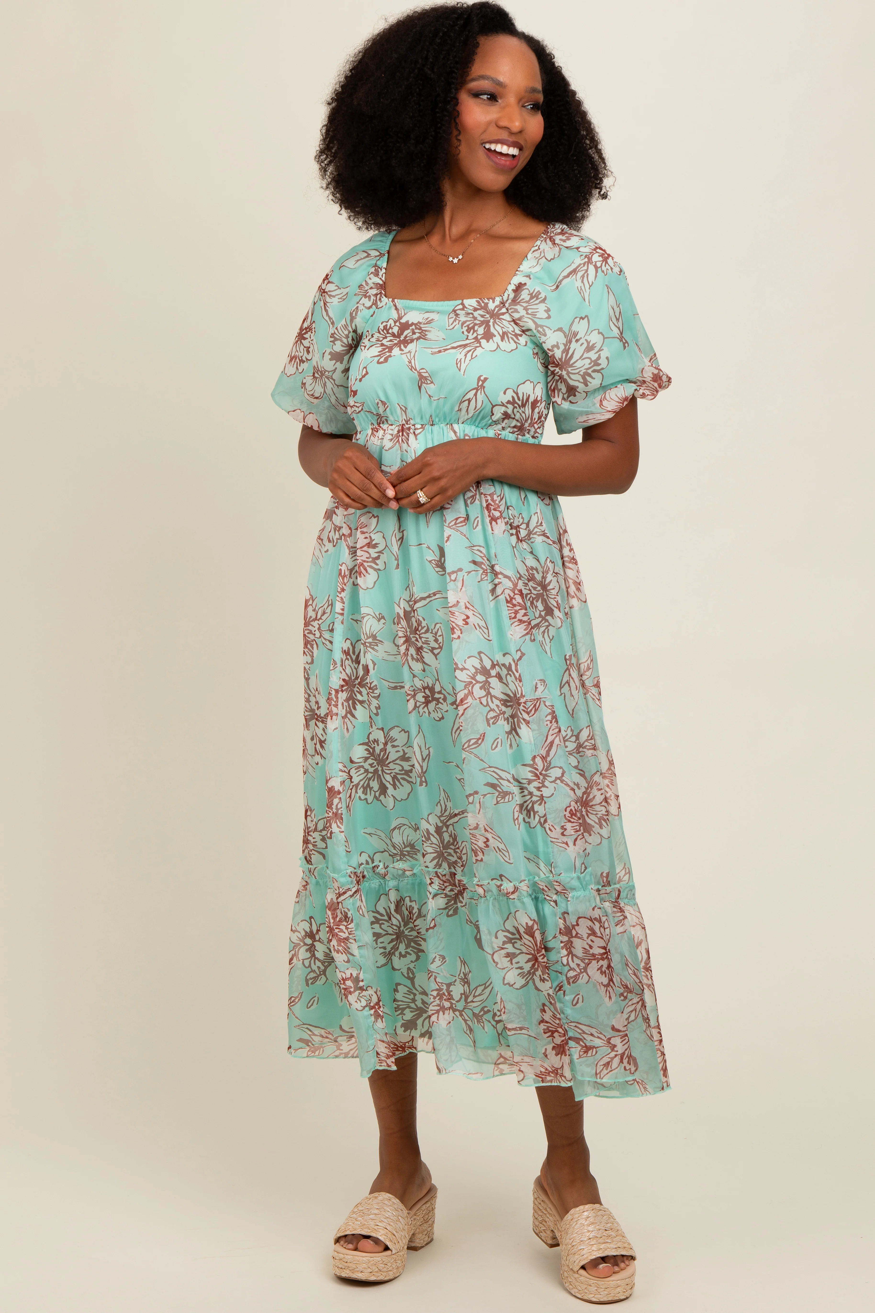 Mint Green Floral Chiffon Ruffle Hem Maternity Midi Dress - Image 5