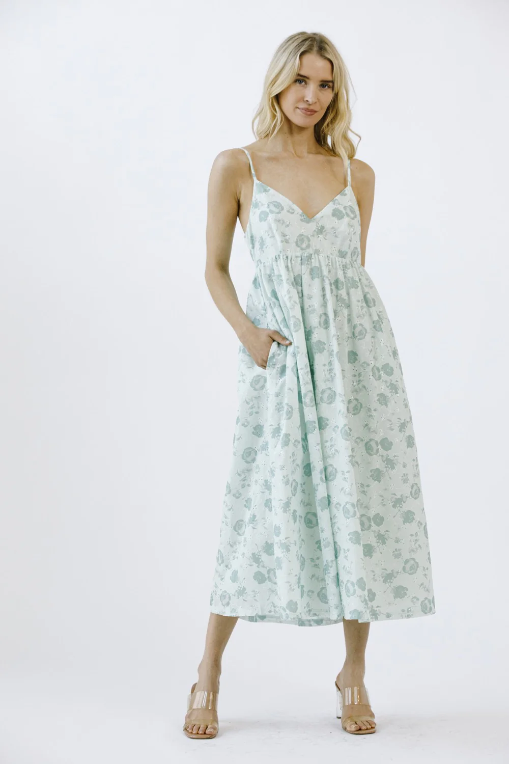 Mint Green Floral Eyelet V-Neck Maternity Midi Dress - Image 5