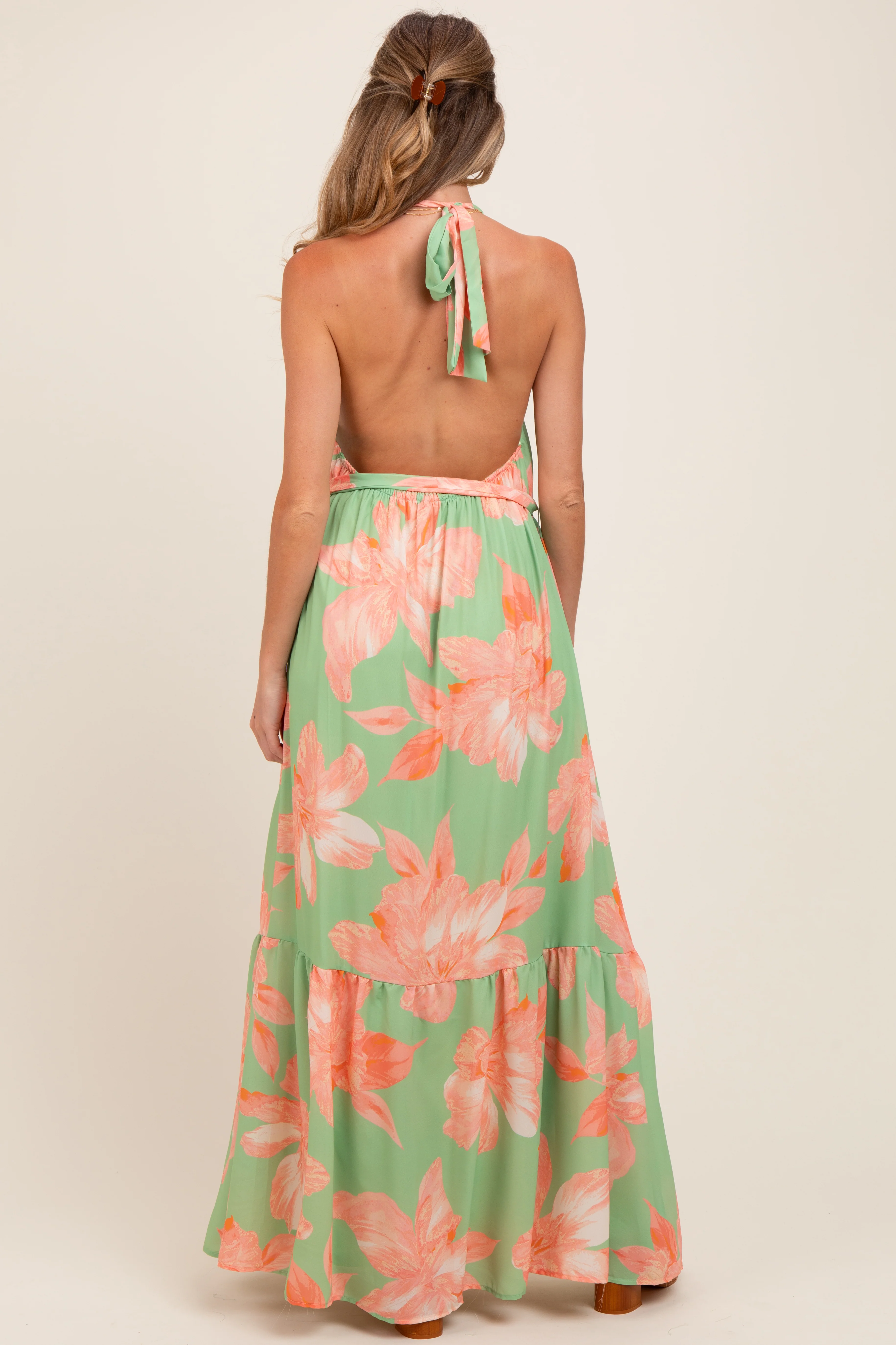 Mint Green Floral Halter Neck Open Back Maternity Maxi Dress - Image 3