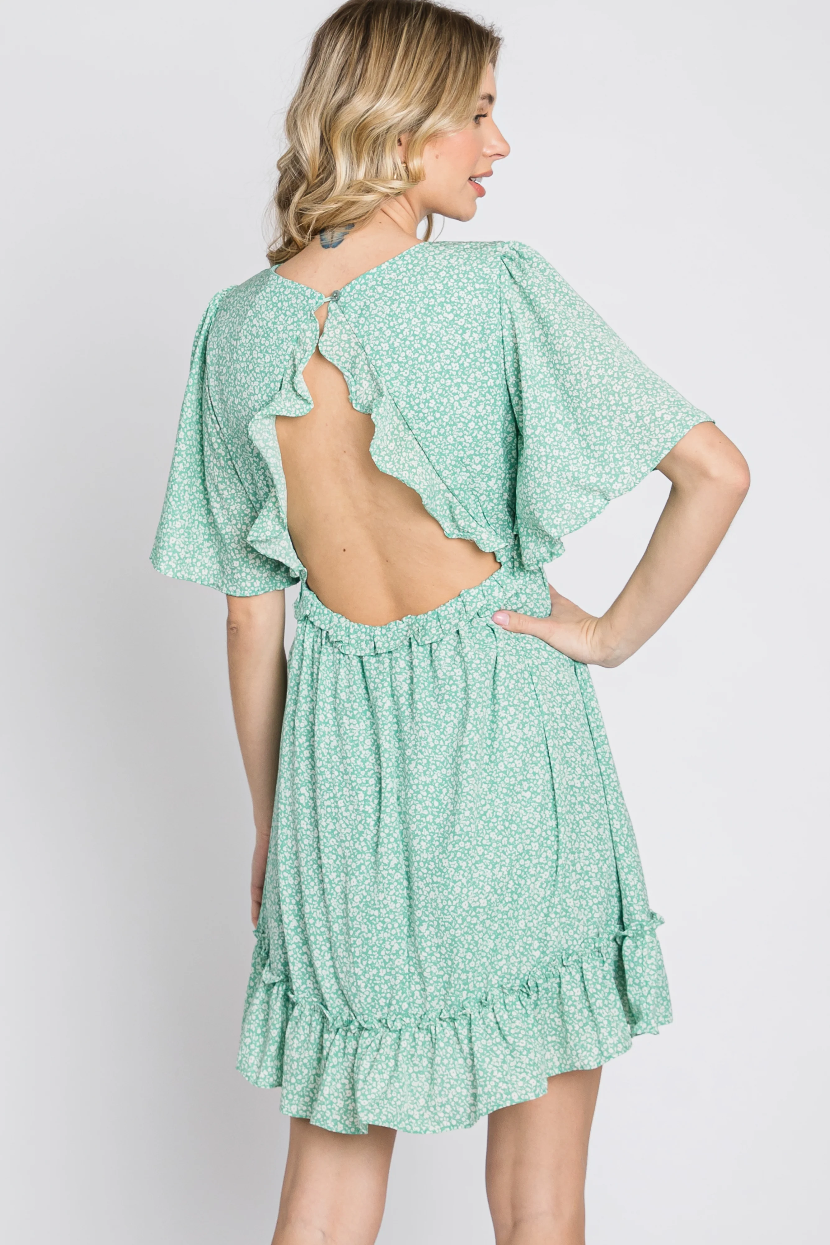 Mint Green Floral Ruffle Accent Cutout Dress - Image 8