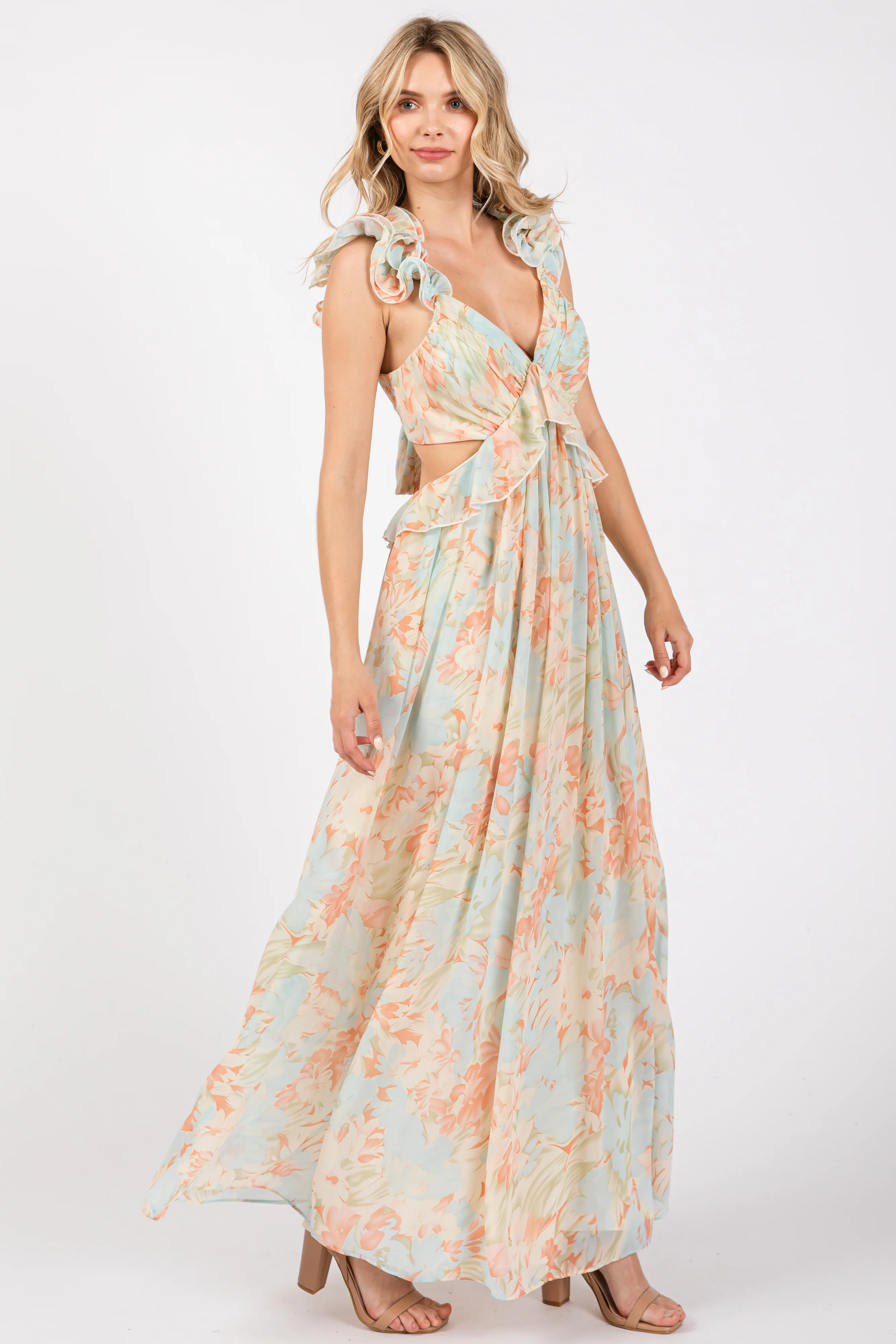 Mint Green Floral Ruffle Accent Cutout Gown - Image 2