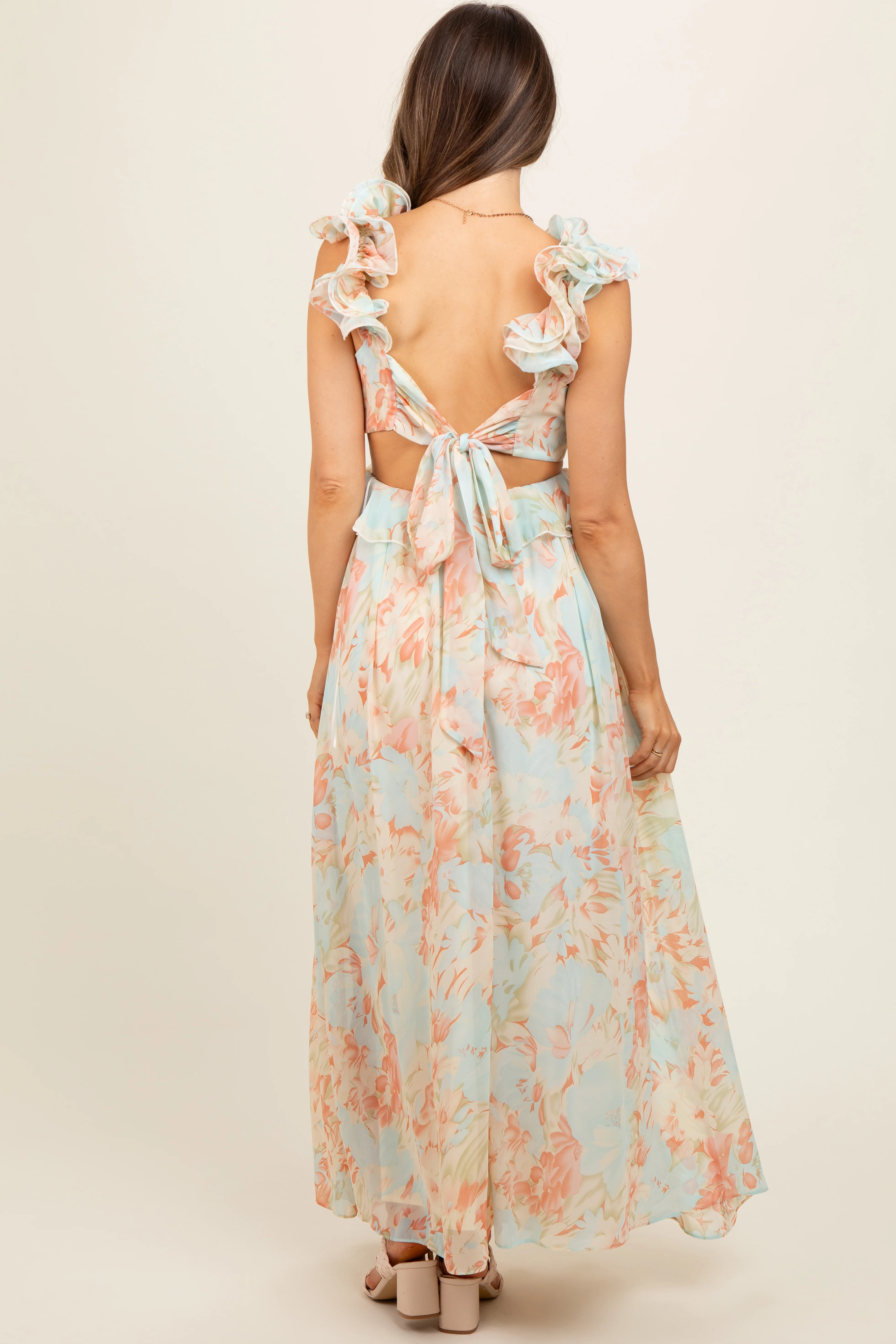 Mint Green Floral Ruffle Accent Cutout Maternity Gown - Image 3