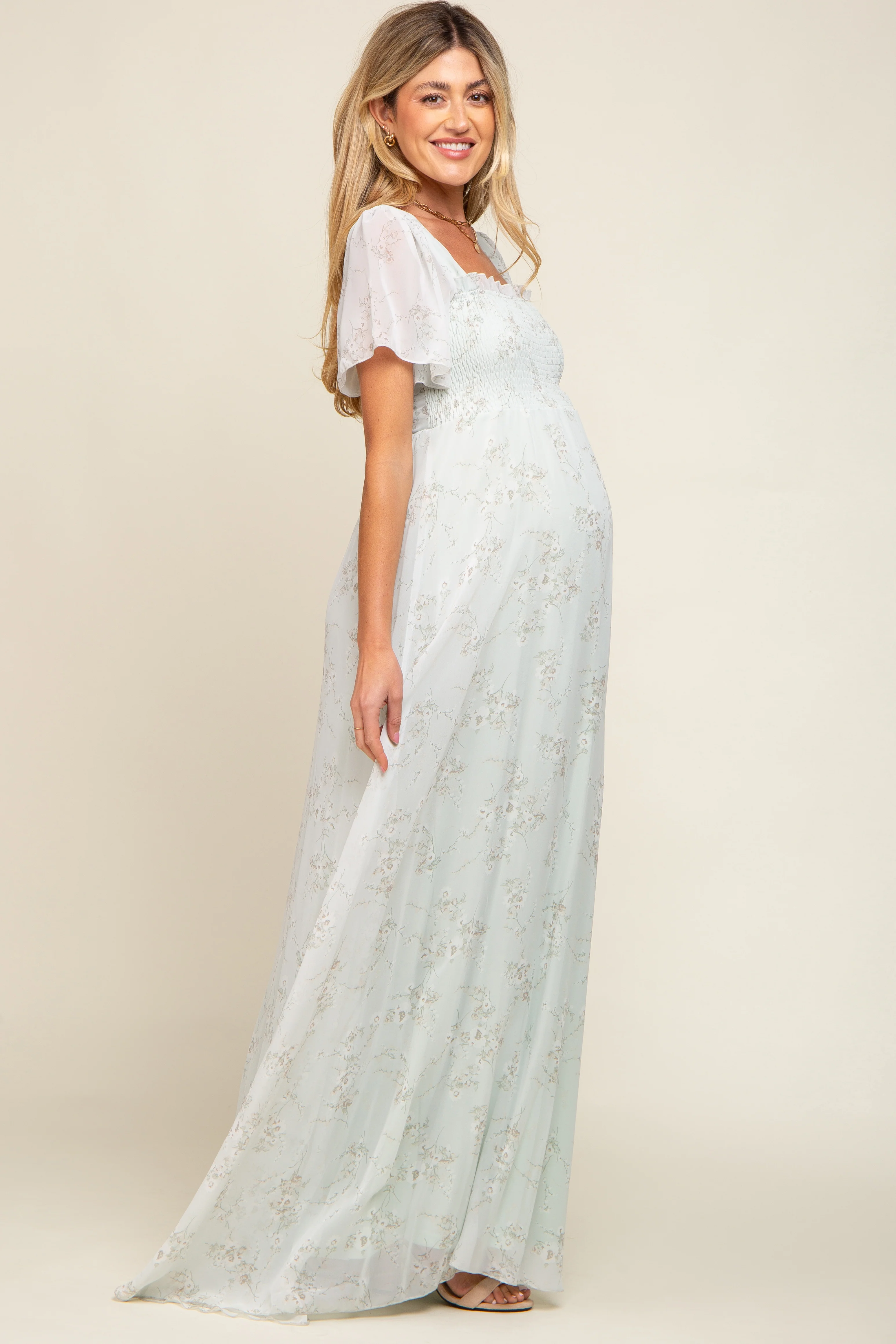 Mint Green Floral Smocked Chiffon Maternity Maxi Dress - Image 2